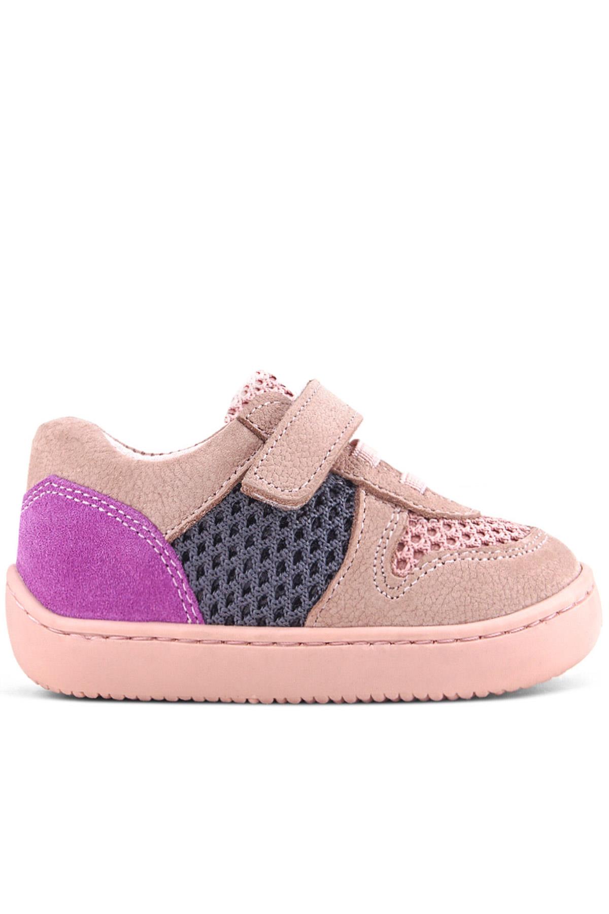 Rakerplus Bob Hakiki Deri Pudra Gri Mor Barefoot Cırtlı Lastikli Bebek Sneaker Ayakkabı