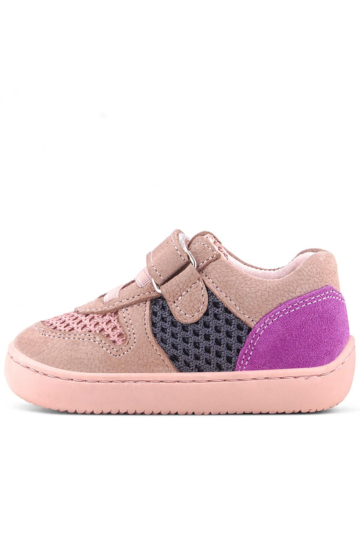 Rakerplus Bob Hakiki Deri Pudra Gri Mor Barefoot Cırtlı Lastikli Bebek Sneaker Ayakkabı