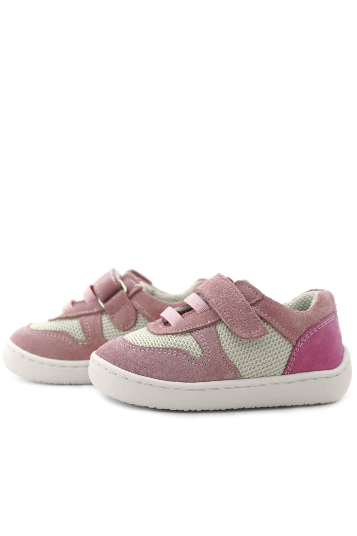 Rakerplus Bob Hakiki Deri Pudra Pembe Barefoot Cırtlı Lastikli Bebek Sneaker Ayakkabı