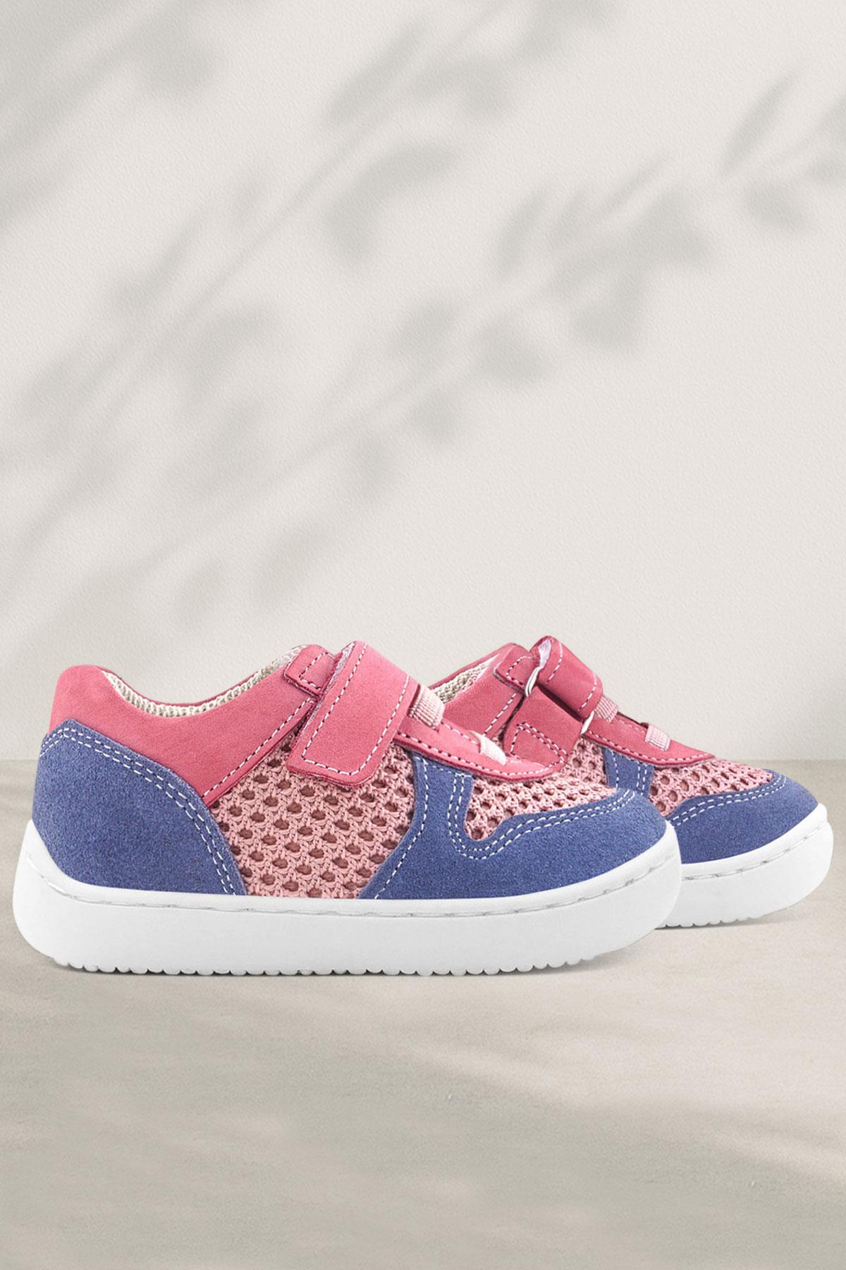 Rakerplus Bob Hakiki Deri Pembe Mavi Barefoot Cırtlı Lastikli Bebek Sneaker Ayakkabı