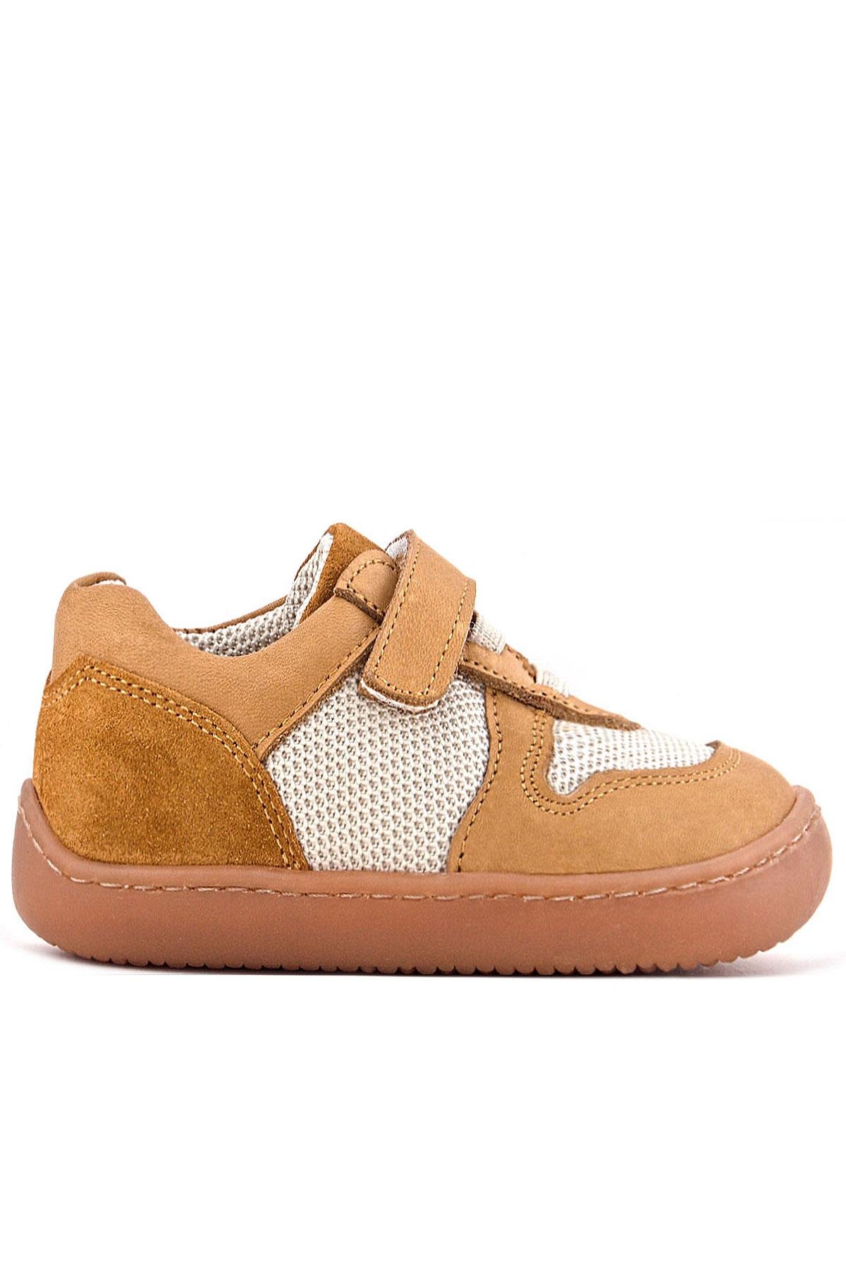 Rakerplus Bob Hakiki Deri Taba Krem Barefoot Cırtlı Lastikli Bebek Sneaker Ayakkabı