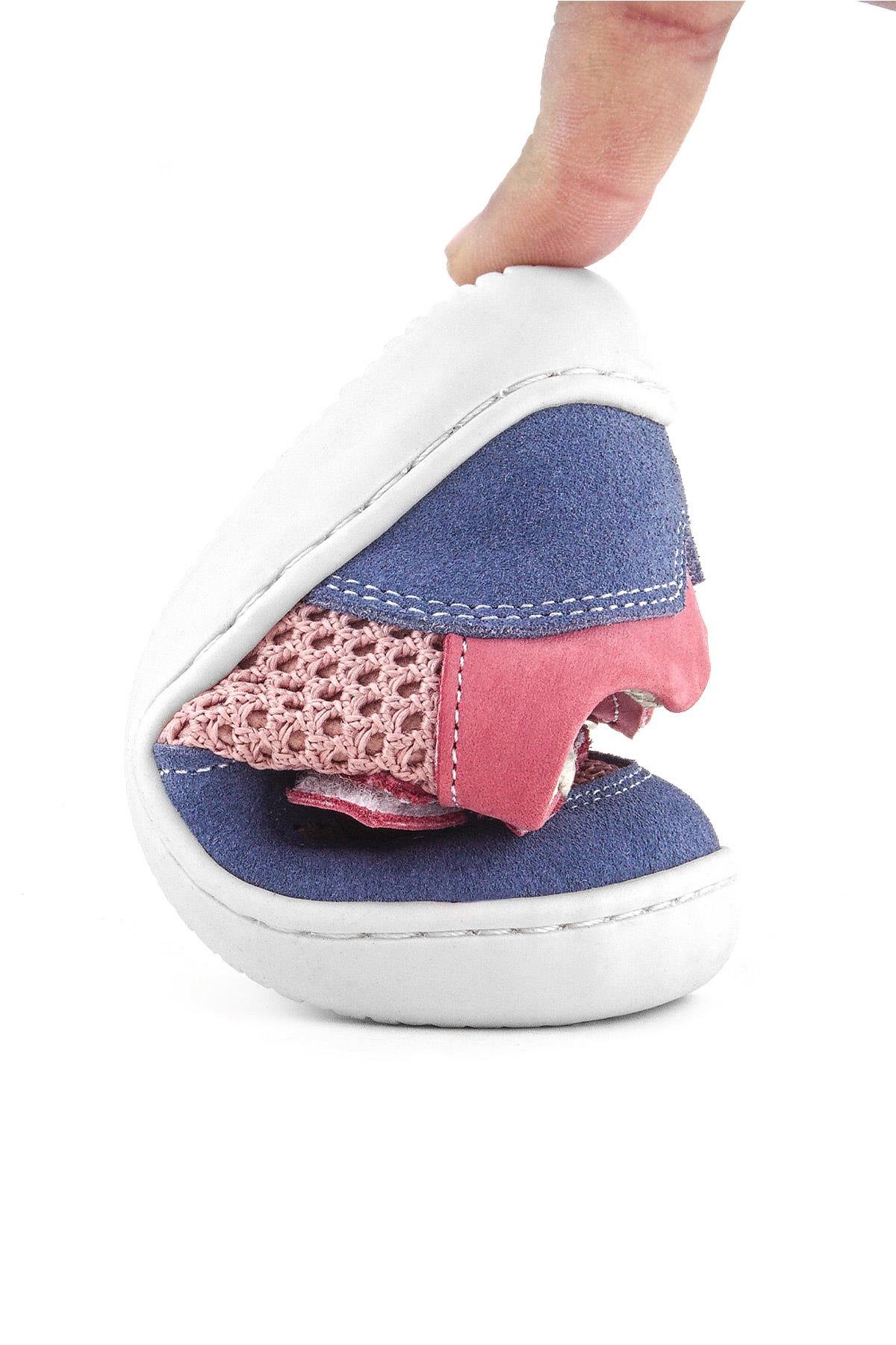 Rakerplus Bob Hakiki Deri Pembe Mavi Barefoot Cırtlı Lastikli Bebek Sneaker Ayakkabı