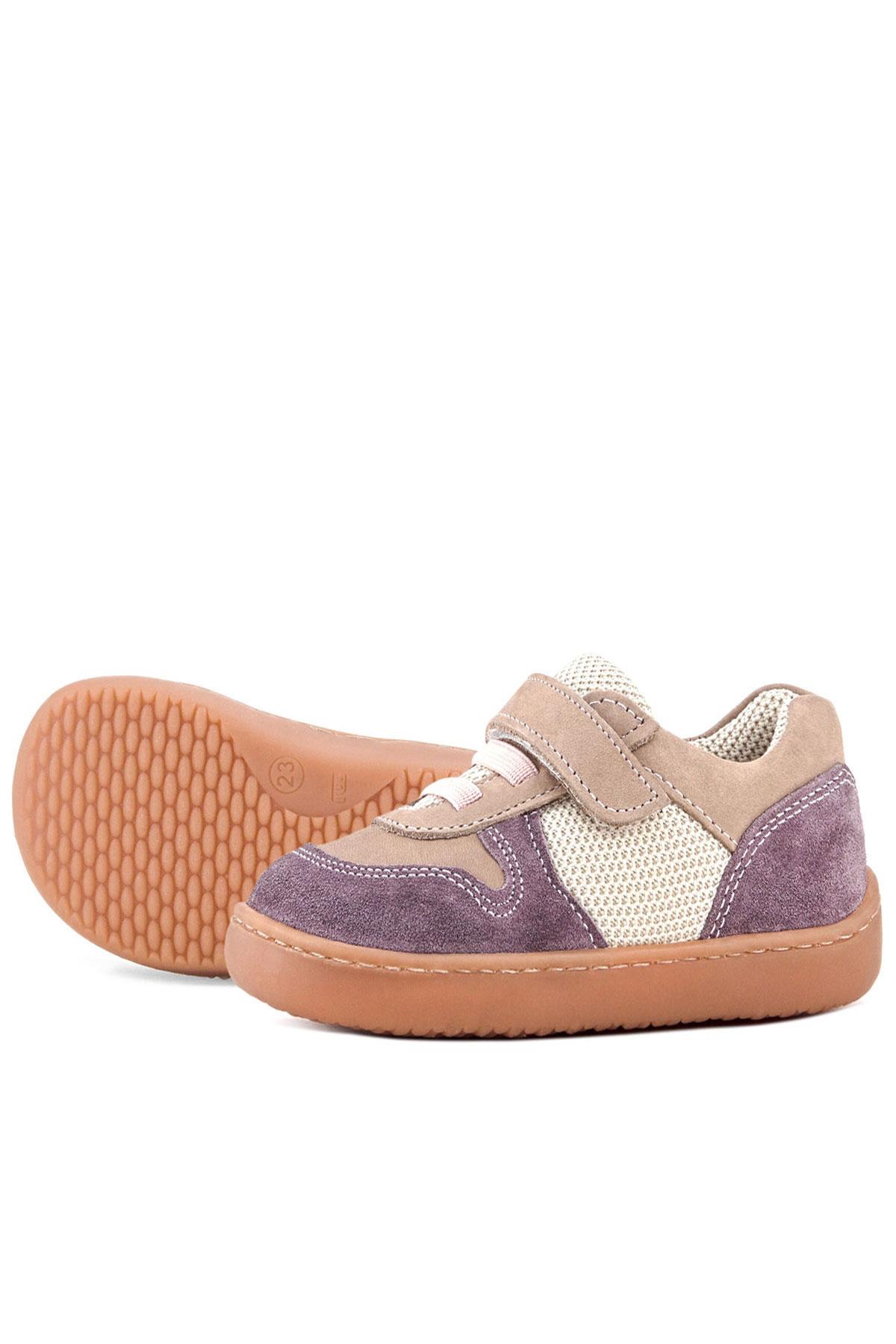 Rakerplus Bob Hakiki Deri Mor Pudra Barefoot Cırtlı Lastikli Bebek Sneaker Ayakkabı