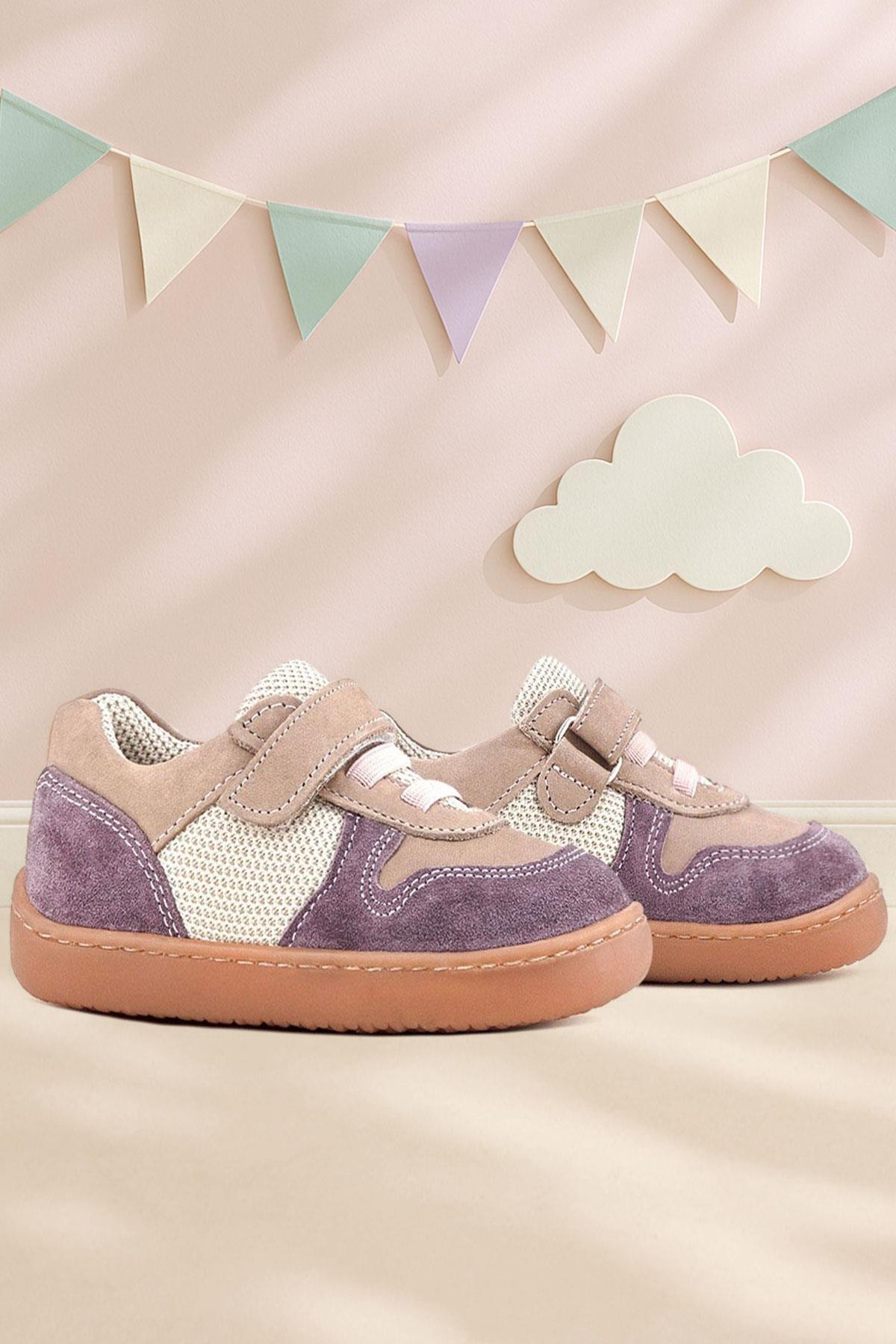Rakerplus Bob Hakiki Deri Mor Pudra Barefoot Cırtlı Lastikli Bebek Sneaker Ayakkabı