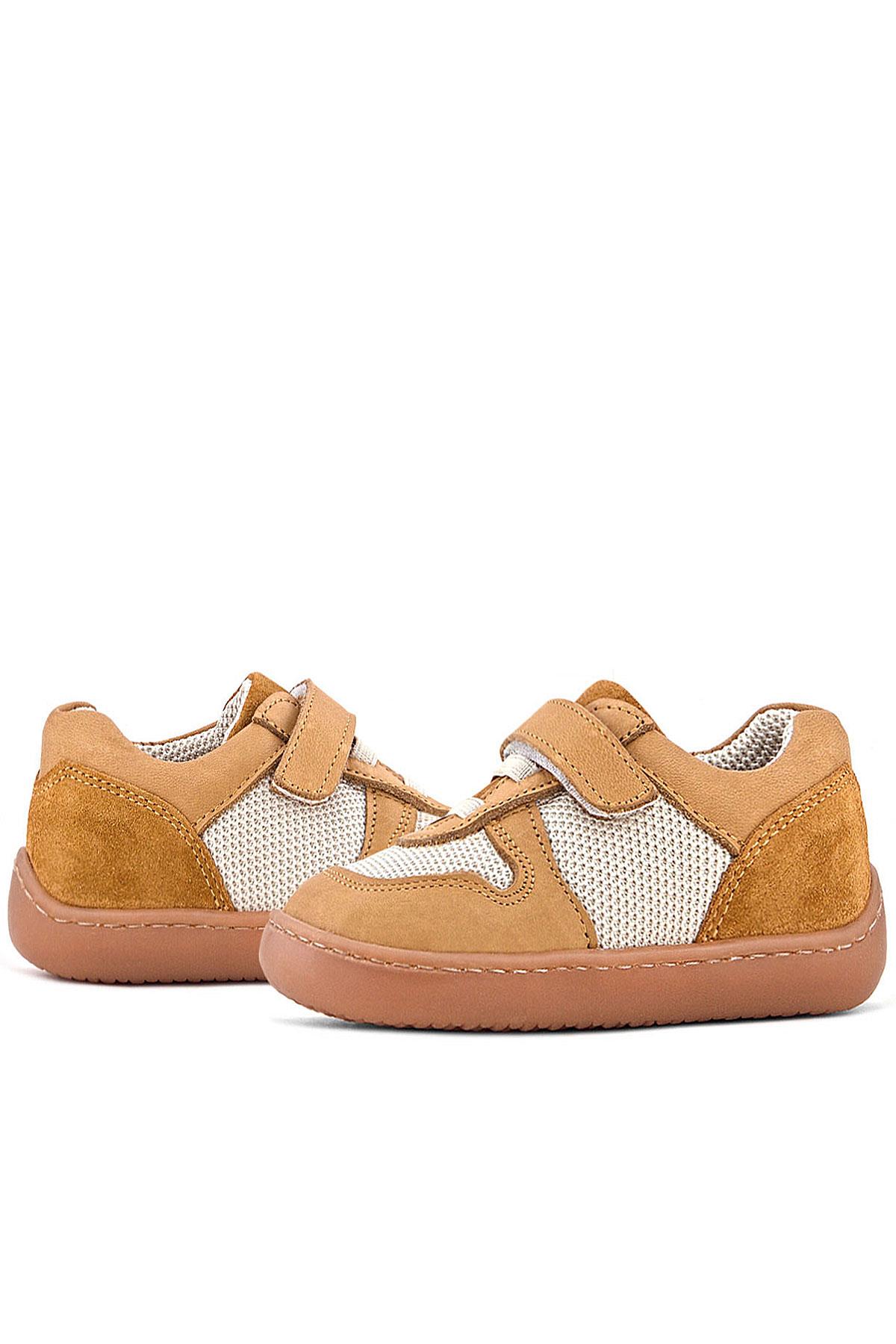 Rakerplus Bob Hakiki Deri Taba Krem Barefoot Cırtlı Lastikli Bebek Sneaker Ayakkabı