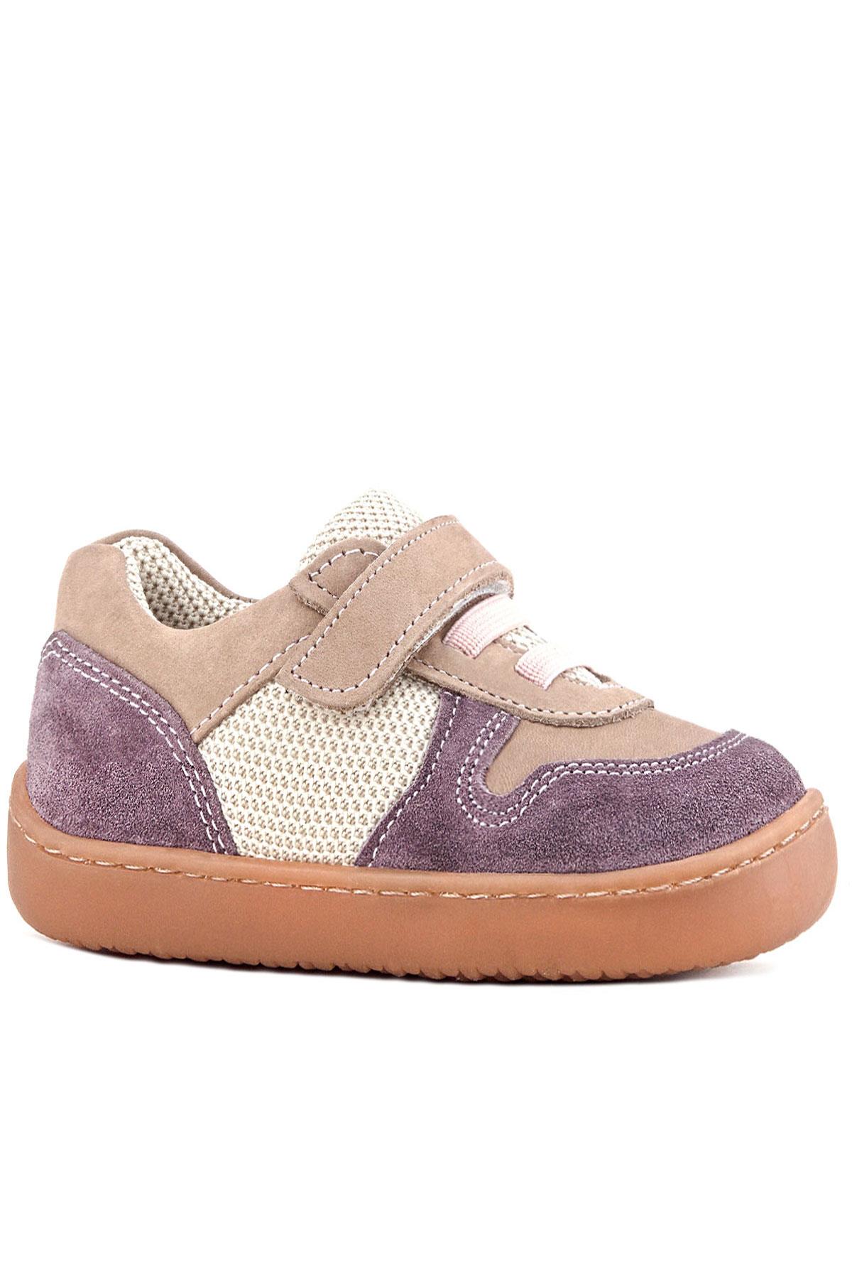 Rakerplus Bob Hakiki Deri Mor Pudra Barefoot Cırtlı Lastikli Bebek Sneaker Ayakkabı
