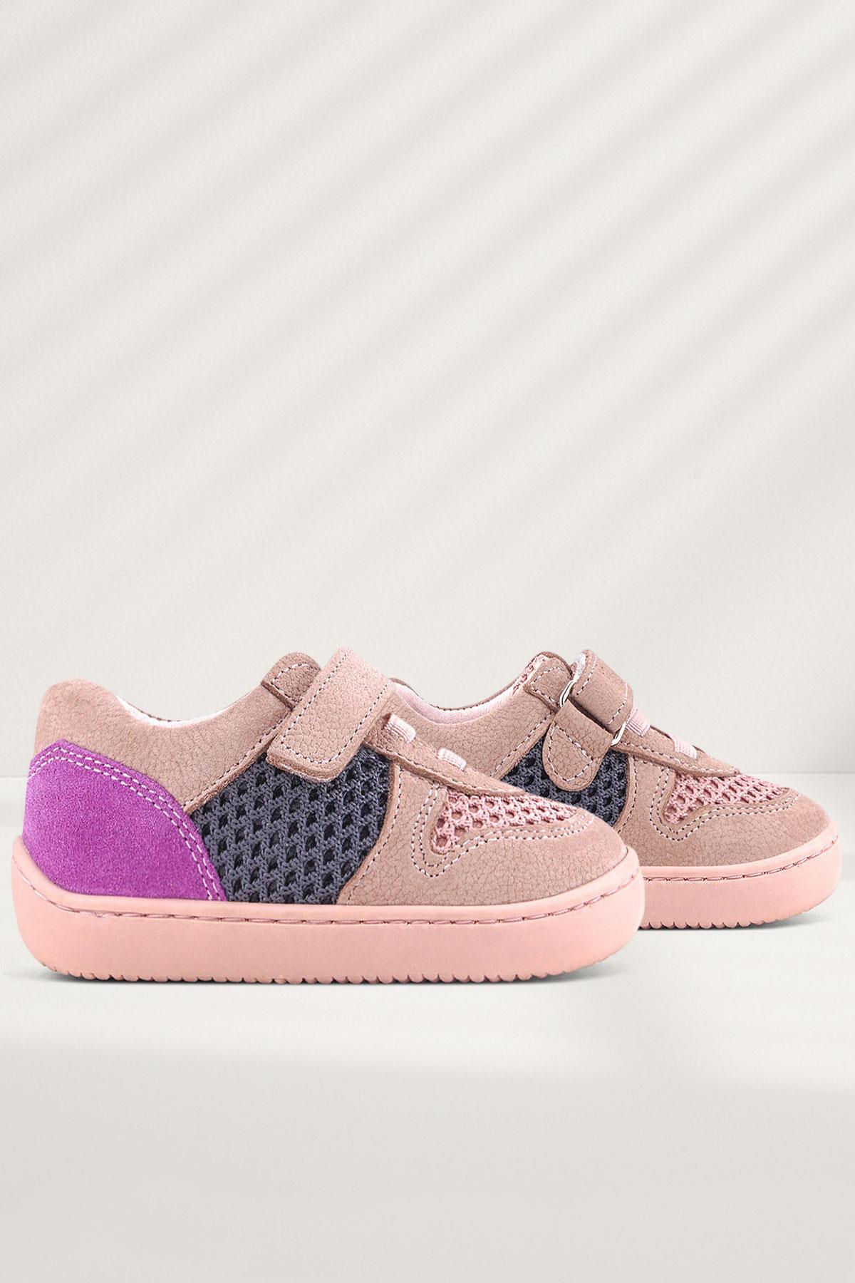 Rakerplus Bob Hakiki Deri Pudra Gri Mor Barefoot Cırtlı Lastikli Bebek Sneaker Ayakkabı