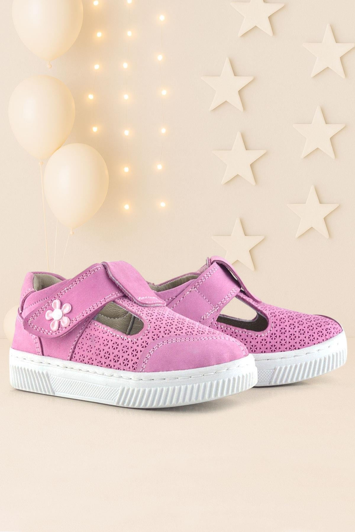 Rakerplus Bheem Genuine Leather Pink Velcro Baby Sandals with Flower Detail