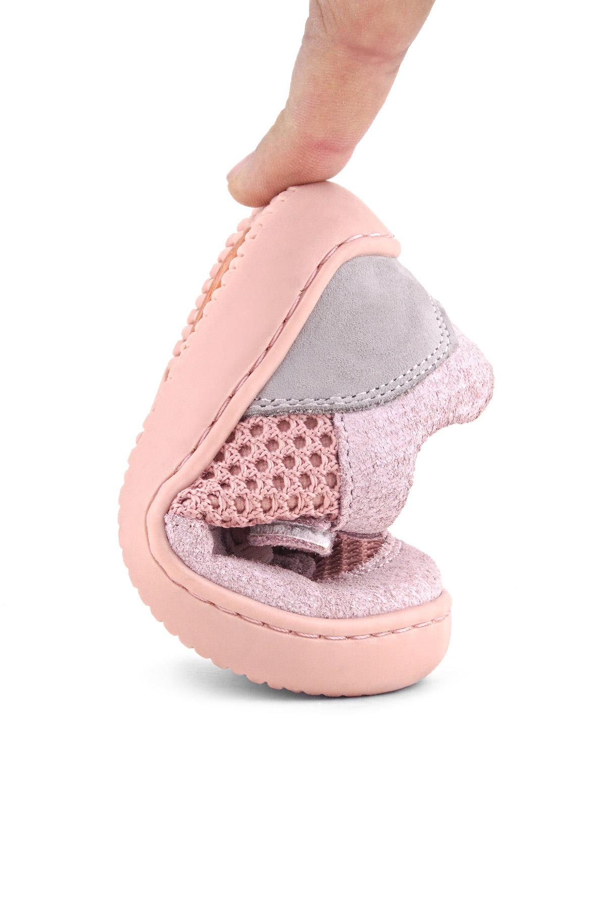 Rakerplus Bob Hakiki Deri Pudra Gri Barefoot Cırtlı Lastikli Bebek Sneaker Ayakkabı