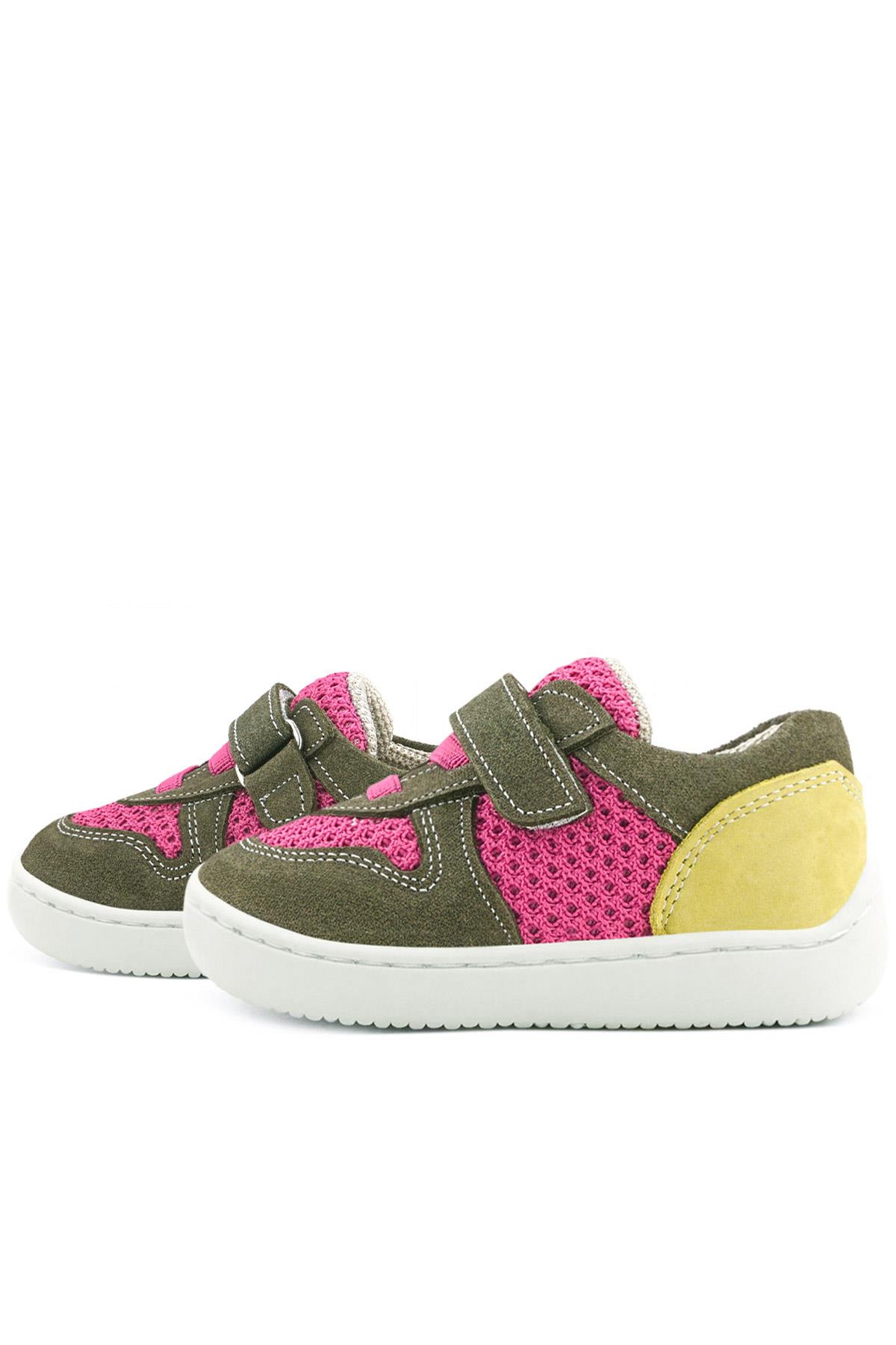 Rakerplus Bob Hakiki Deri Haki Yeşil Pembe Barefoot Cırtlı Lastikli Bebek Sneaker Ayakkabı