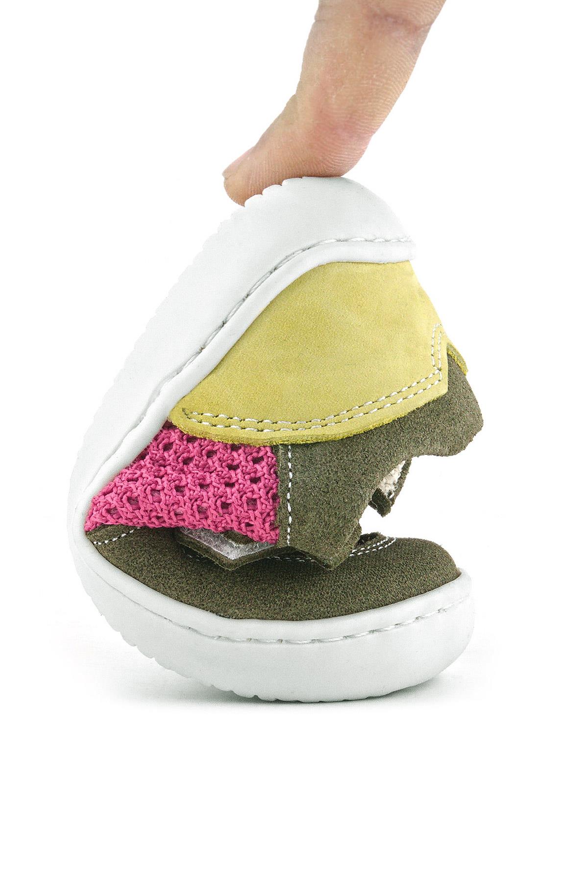 Rakerplus Bob Hakiki Deri Haki Yeşil Pembe Barefoot Cırtlı Lastikli Bebek Sneaker Ayakkabı