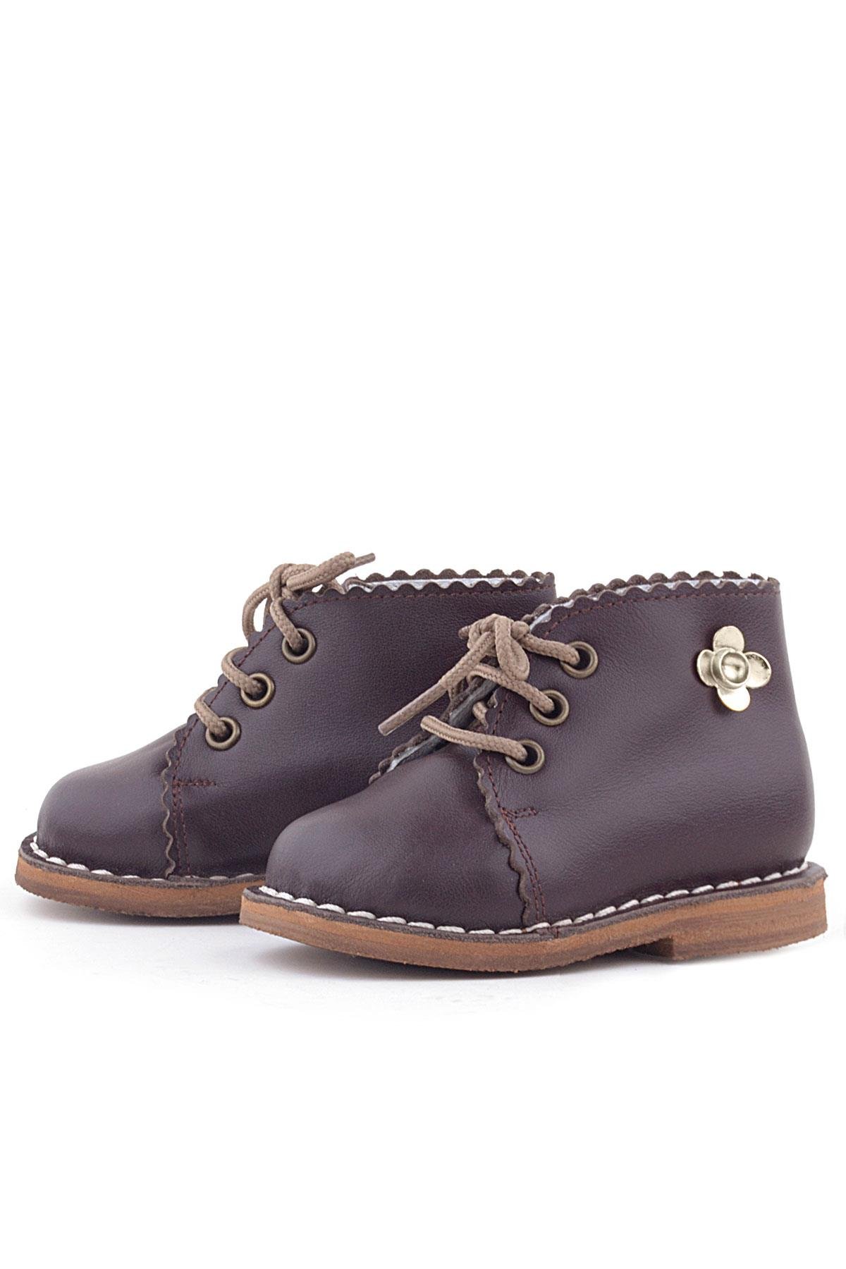 Rakerplus Handmade Hakiki Deri Kahverengi Çiçek Detaylı Bağcıklı Bebek Bot