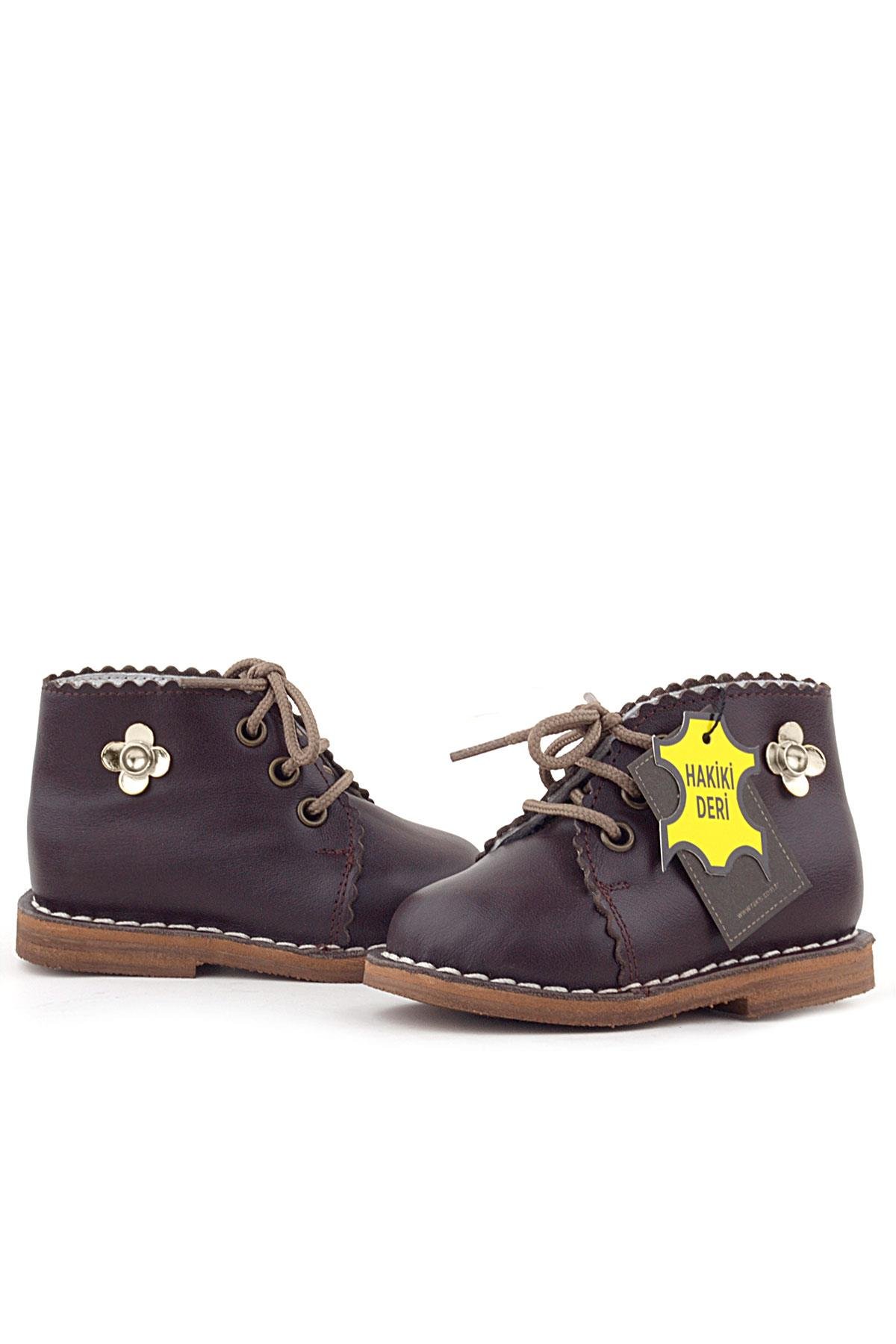 Rakerplus Handmade Hakiki Deri Kahverengi Çiçek Detaylı Bağcıklı Bebek Bot