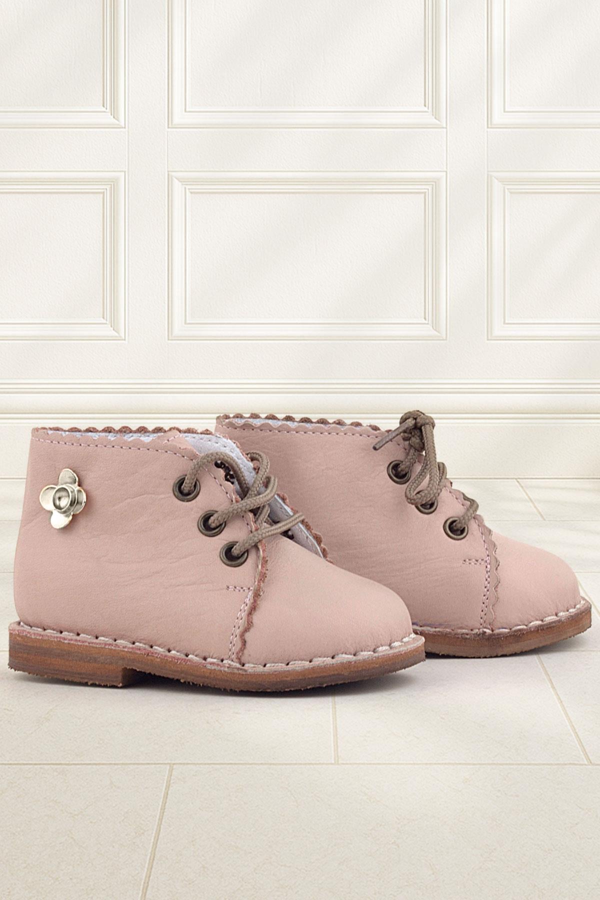 Rakerplus Handmade Genuine Leather Pink Floral Detailed Lace-Up Baby Boots