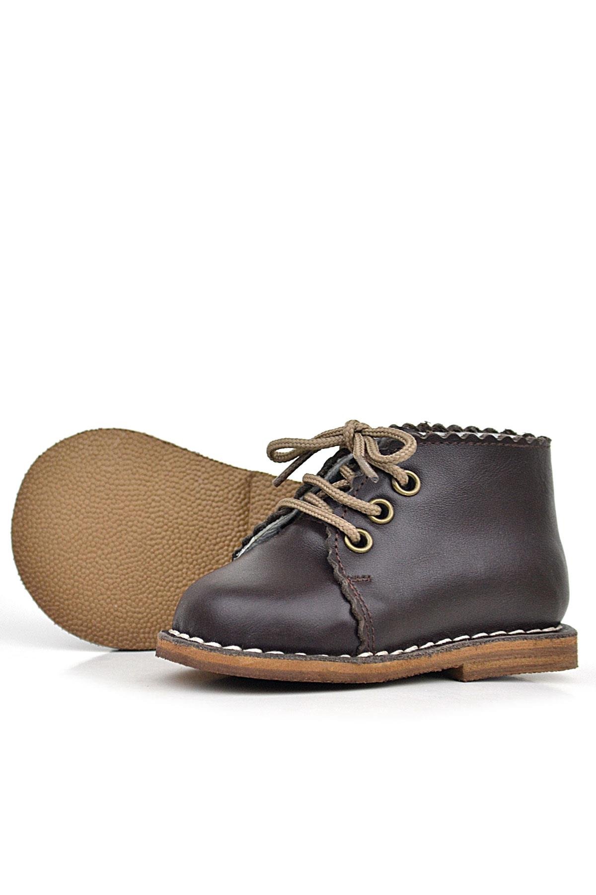 Rakerplus Handmade Hakiki Deri Kahverengi Bağcıklı Kız Bebek Bot