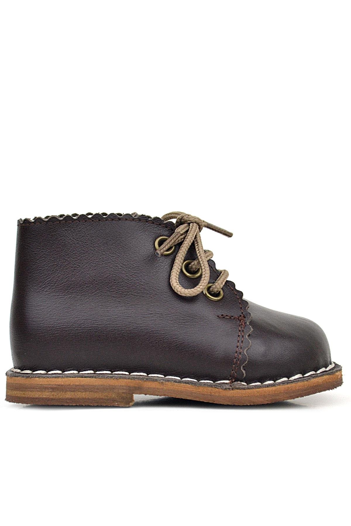 Rakerplus Handmade Hakiki Deri Kahverengi Bağcıklı Kız Bebek Bot