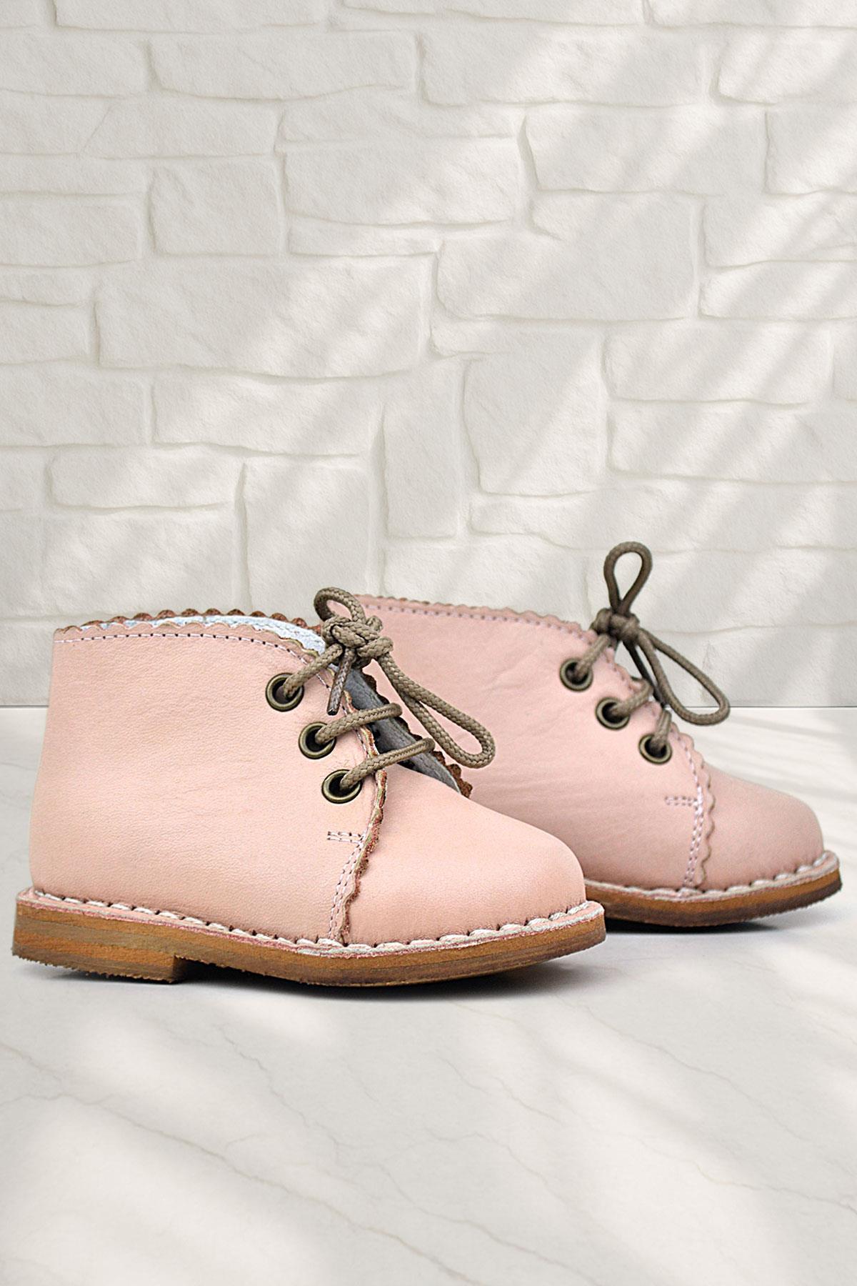 Rakerplus Handmade Hakiki Deri Pudra Pembe Bağcıklı Kız Bebek Bot