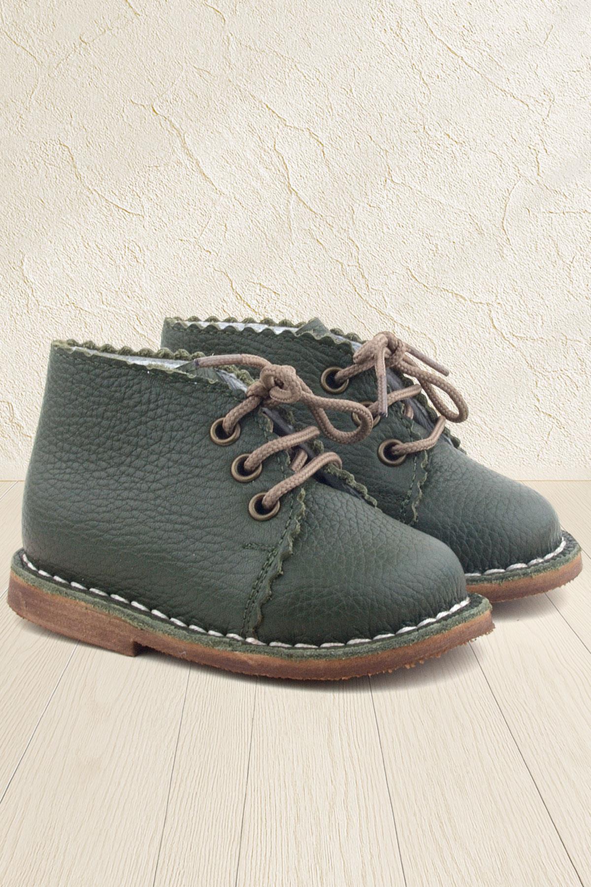 Rakerplus Handmade Genuine Leather Khaki Green Lace-Up Baby Boots