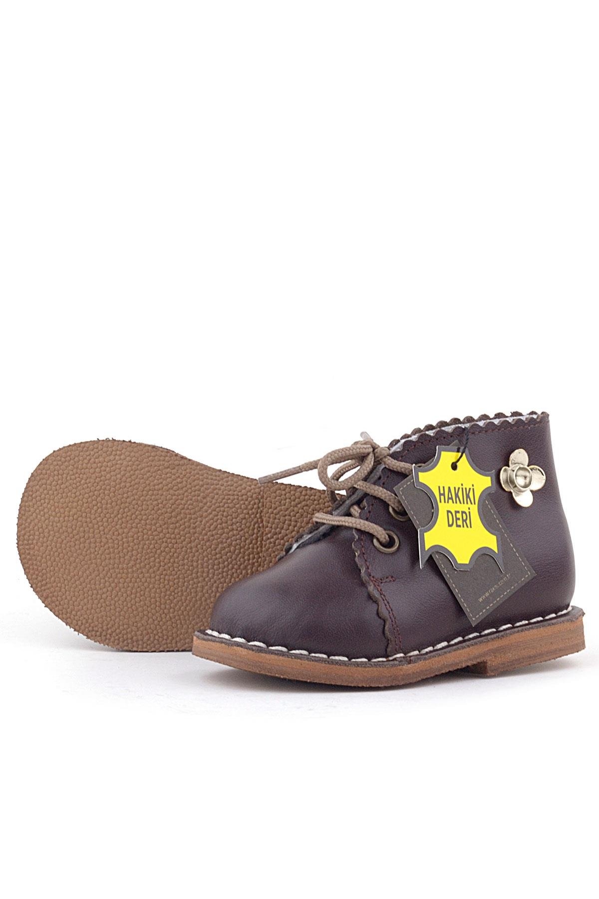 Rakerplus Handmade Hakiki Deri Kahverengi Çiçek Detaylı Bağcıklı Bebek Bot