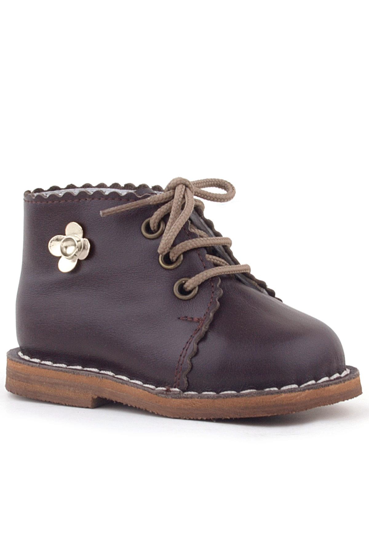 Rakerplus Handmade Hakiki Deri Kahverengi Çiçek Detaylı Bağcıklı Bebek Bot