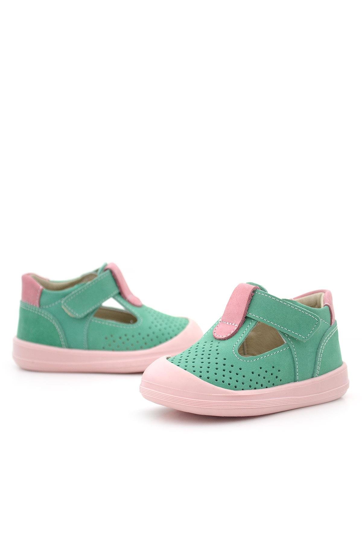 Rakerplus Shaun Hakiki Deri Su Yeşili Pembe Cırtlı Anatomik Kız Bebek Sandalet