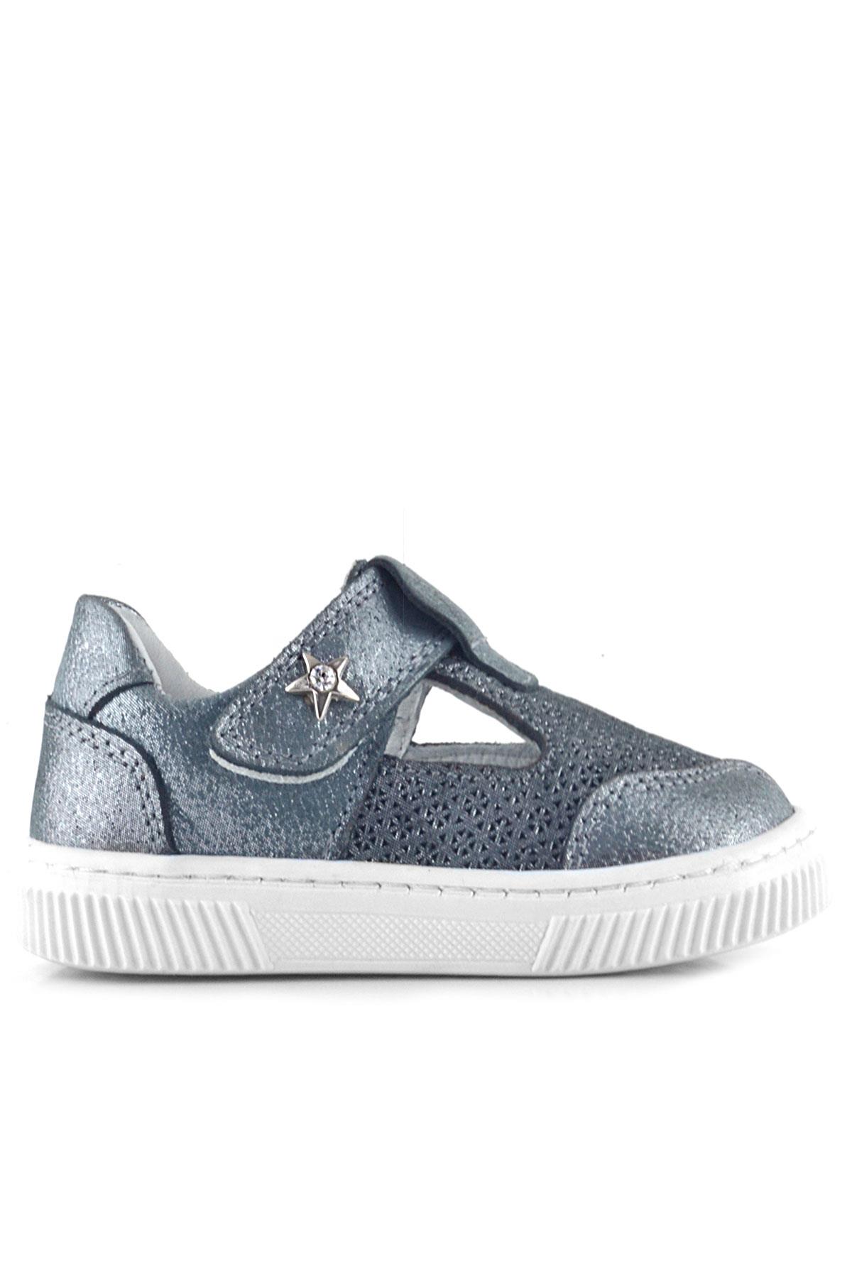 Rakerplus Bheem Hakiki Deri Gümüş Simli Cırtlı Yıldız Detaylı Bebek Sandalet