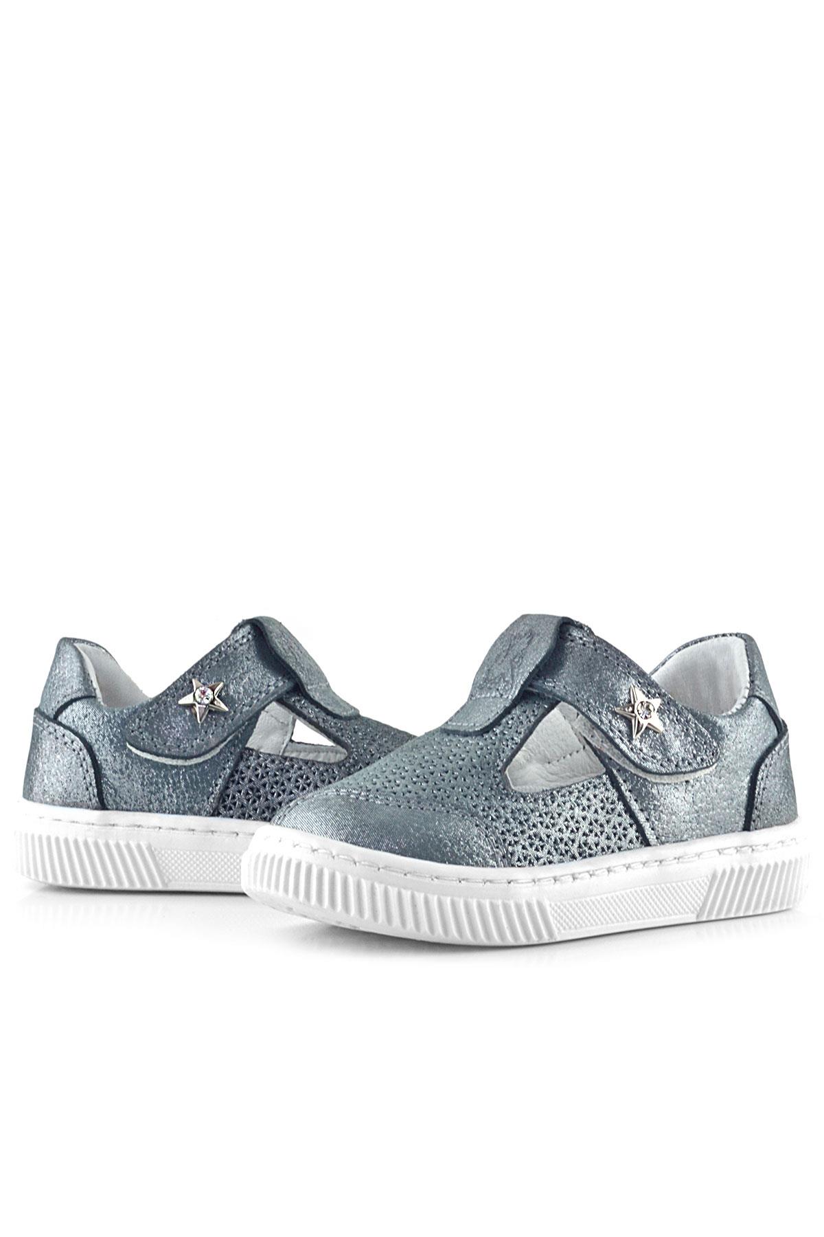 Rakerplus Bheem Hakiki Deri Gümüş Simli Cırtlı Yıldız Detaylı Bebek Sandalet