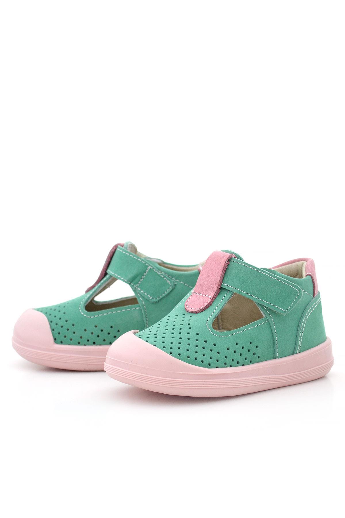 Rakerplus Shaun Hakiki Deri Su Yeşili Pembe Cırtlı Anatomik Kız Bebek Sandalet
