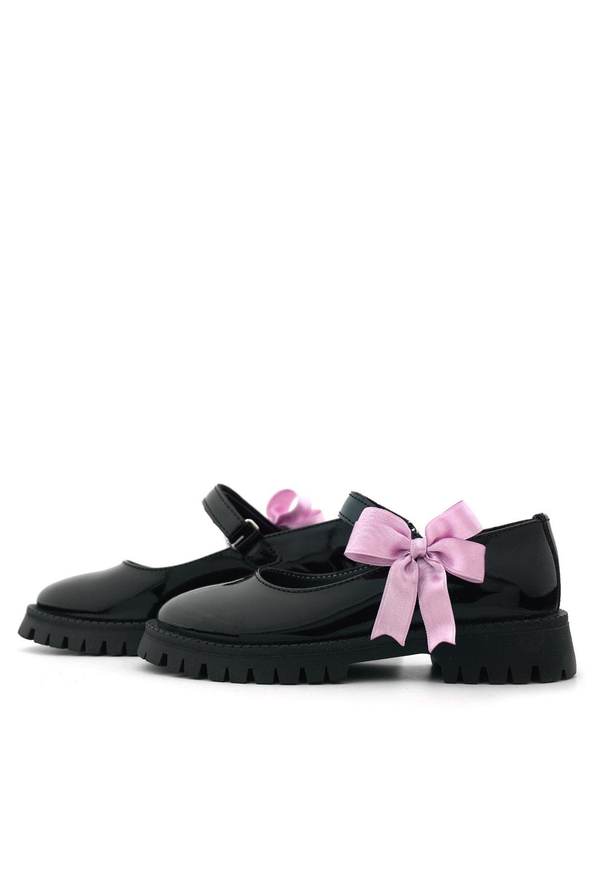 Rakerplus Siyah Rugan Cırtlı Kalın Tabanlı Kurdeleli Kız Çocuk Okul Ayakkabısı