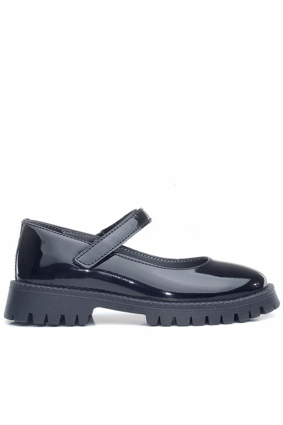 Rakerplus Siyah Rugan Cırtlı Kalın Tabanlı Kız Çocuk Okul Ayakkabısı