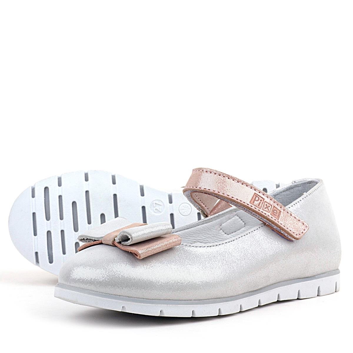 Rakerplus Hakiki Deri Pixel Gümüş Pudra Kız Çocuk Babet Ayakkabı