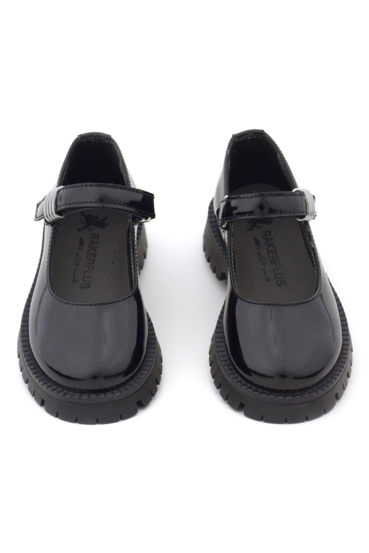 Rakerplus Siyah Rugan Cırtlı Kalın Tabanlı Metal Detaylı Kız Çocuk Okul Ayakkabısı