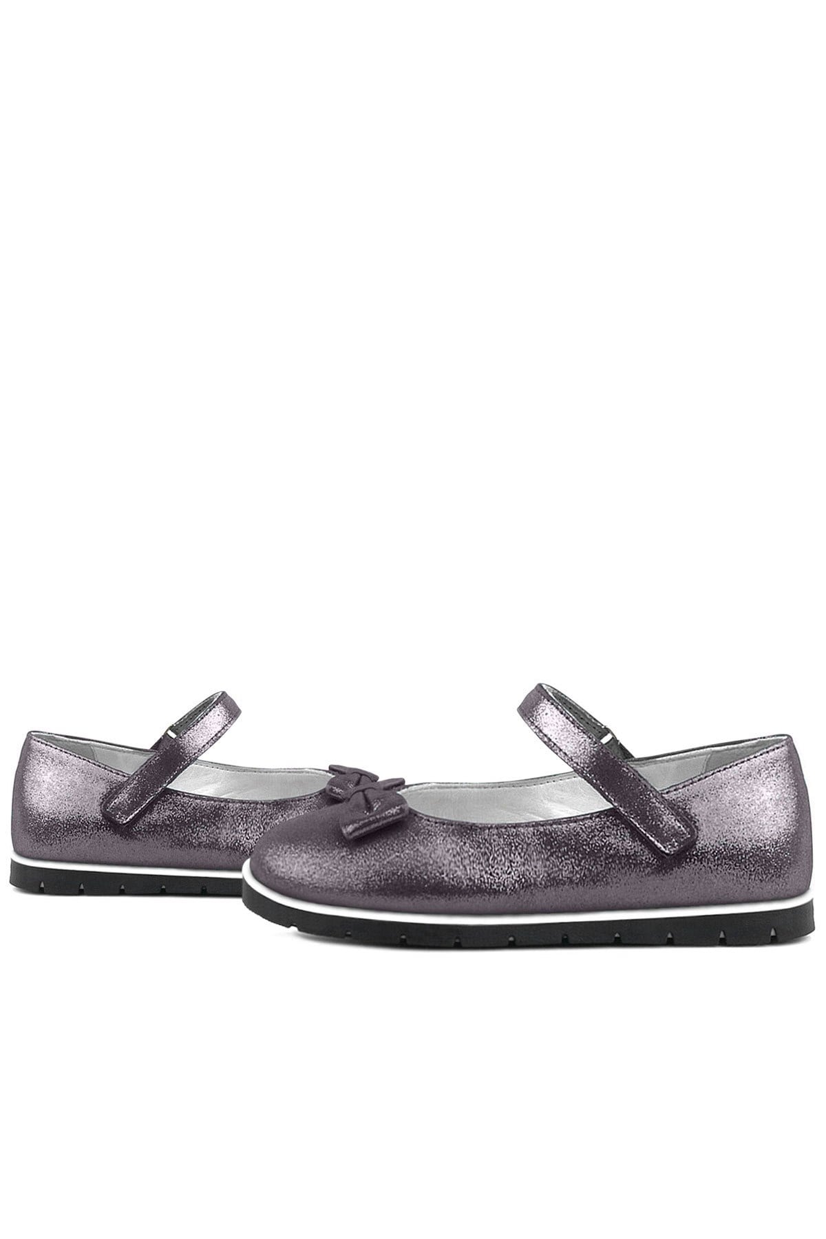 Rakerplus Genuine Leather Anthracite Gray Girls' Flat Shoes with Velcro