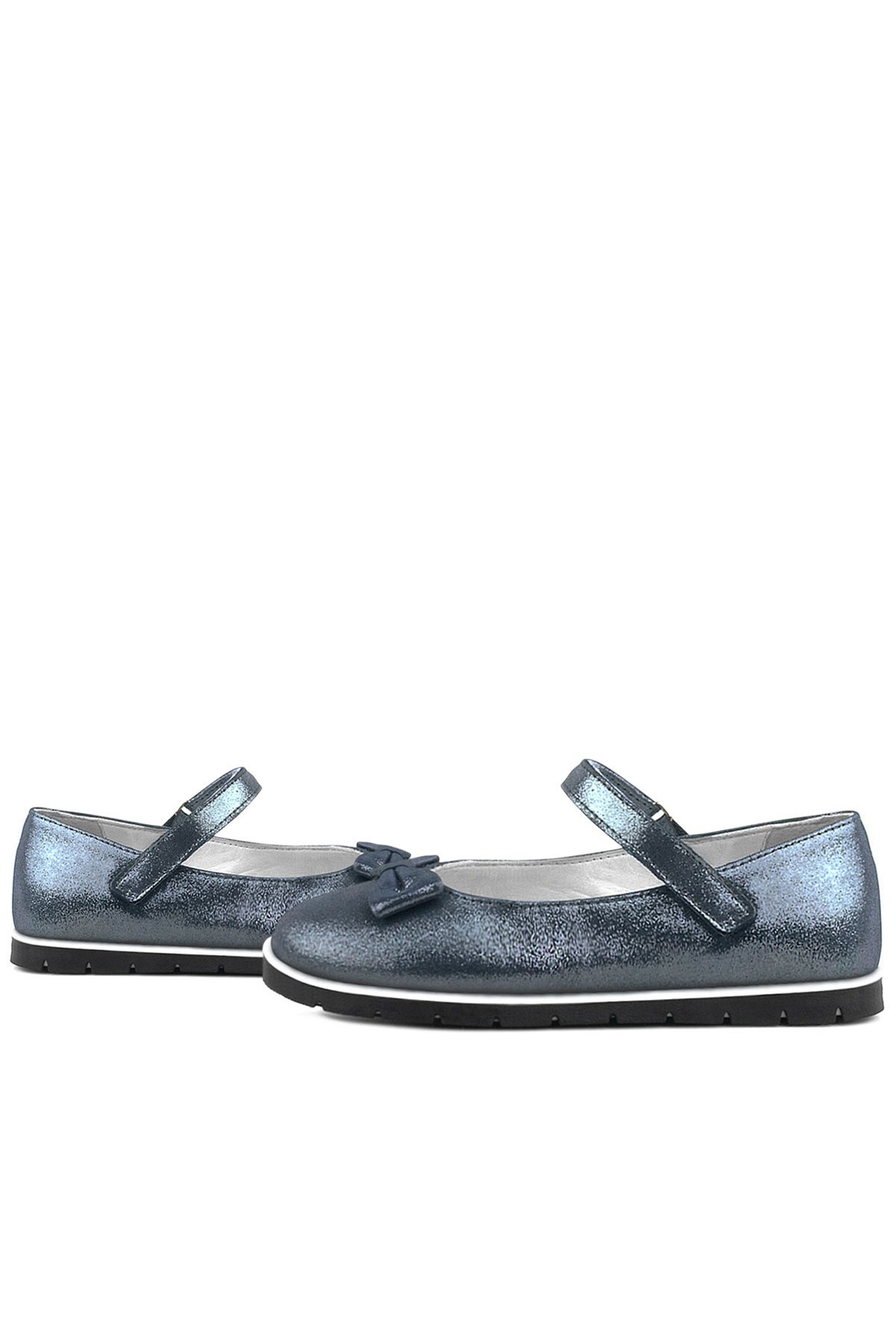 Rakerplus Genuine Leather Anthracite Navy Blue Bow Tie Girls' Flat Shoes