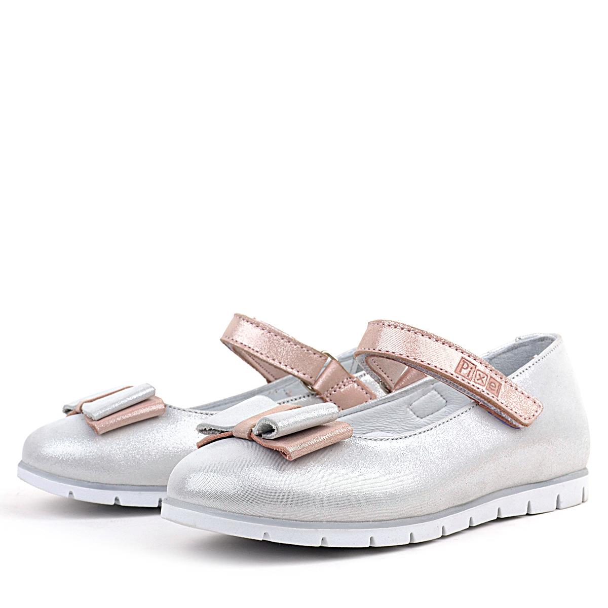 Rakerplus Hakiki Deri Pixel Gümüş Pudra Kız Çocuk Babet Ayakkabı