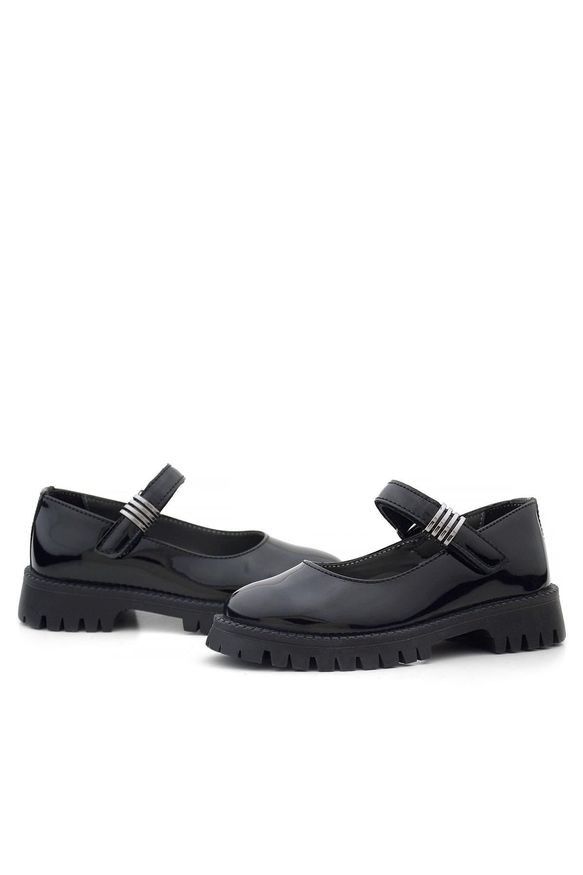 Rakerplus Siyah Rugan Cırtlı Kalın Tabanlı Metal Detaylı Kız Çocuk Okul Ayakkabısı