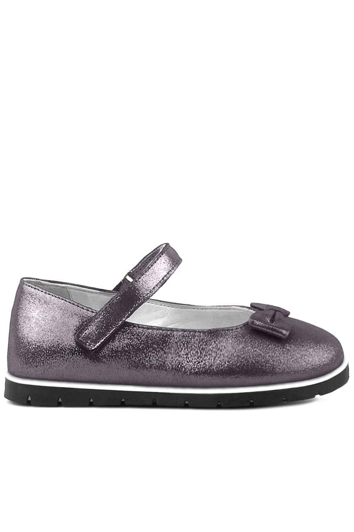 Rakerplus Genuine Leather Anthracite Gray Girls' Flat Shoes with Velcro