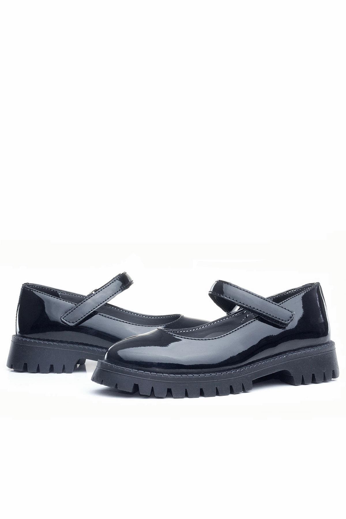 Rakerplus Siyah Rugan Cırtlı Kalın Tabanlı Kız Çocuk Okul Ayakkabısı