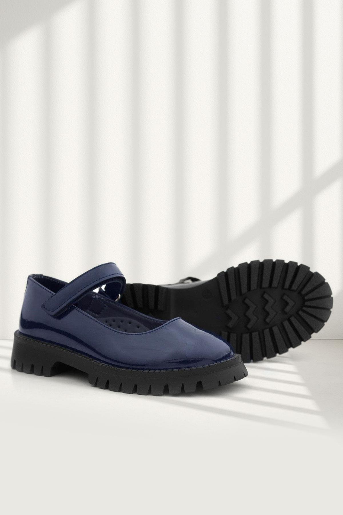 Rakerplus Navy Blue Patent Leather Velcro Thick Soled Girls School Shoes