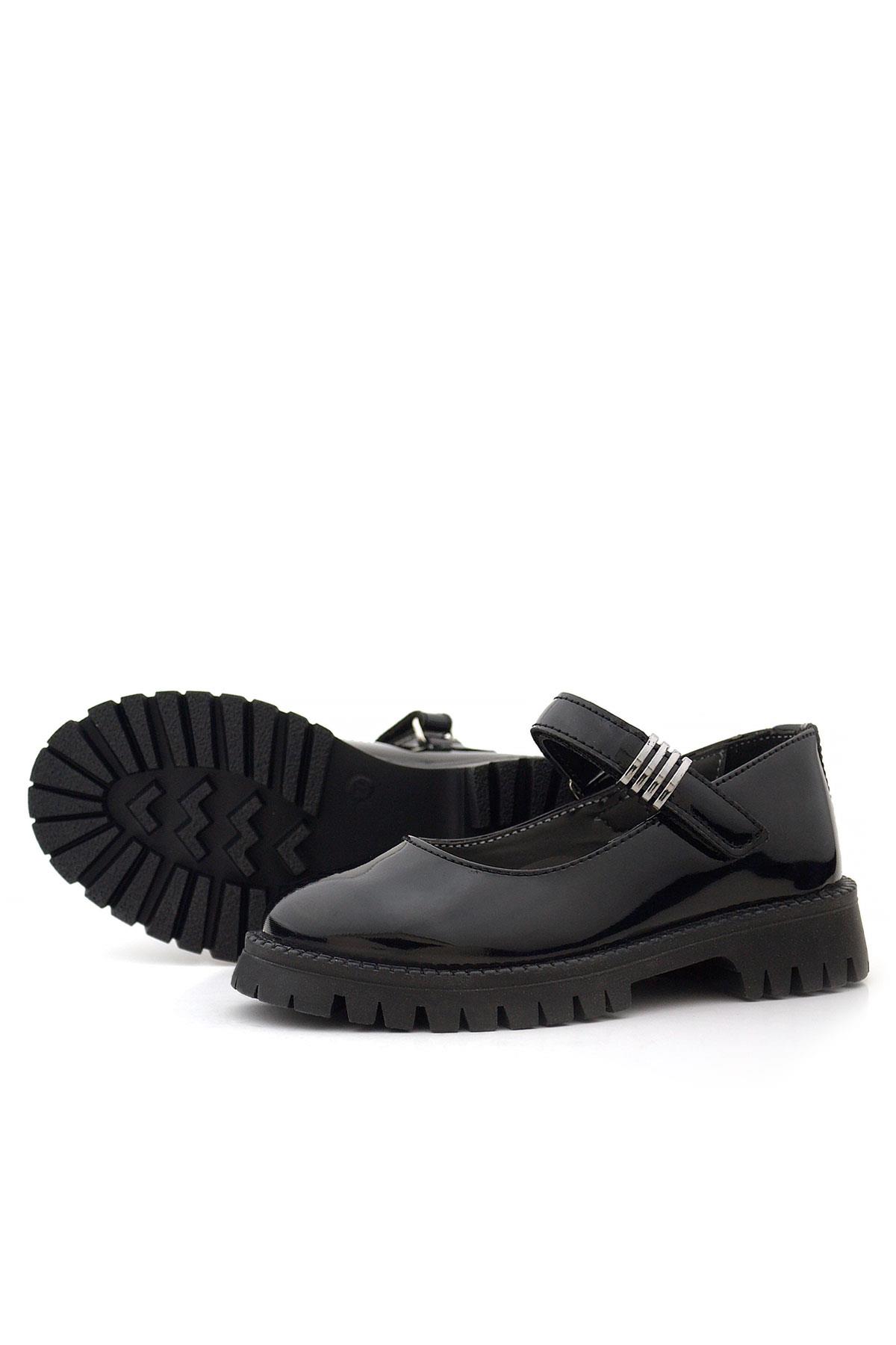 Rakerplus Siyah Rugan Cırtlı Kalın Tabanlı Metal Detaylı Kız Çocuk Okul Ayakkabısı