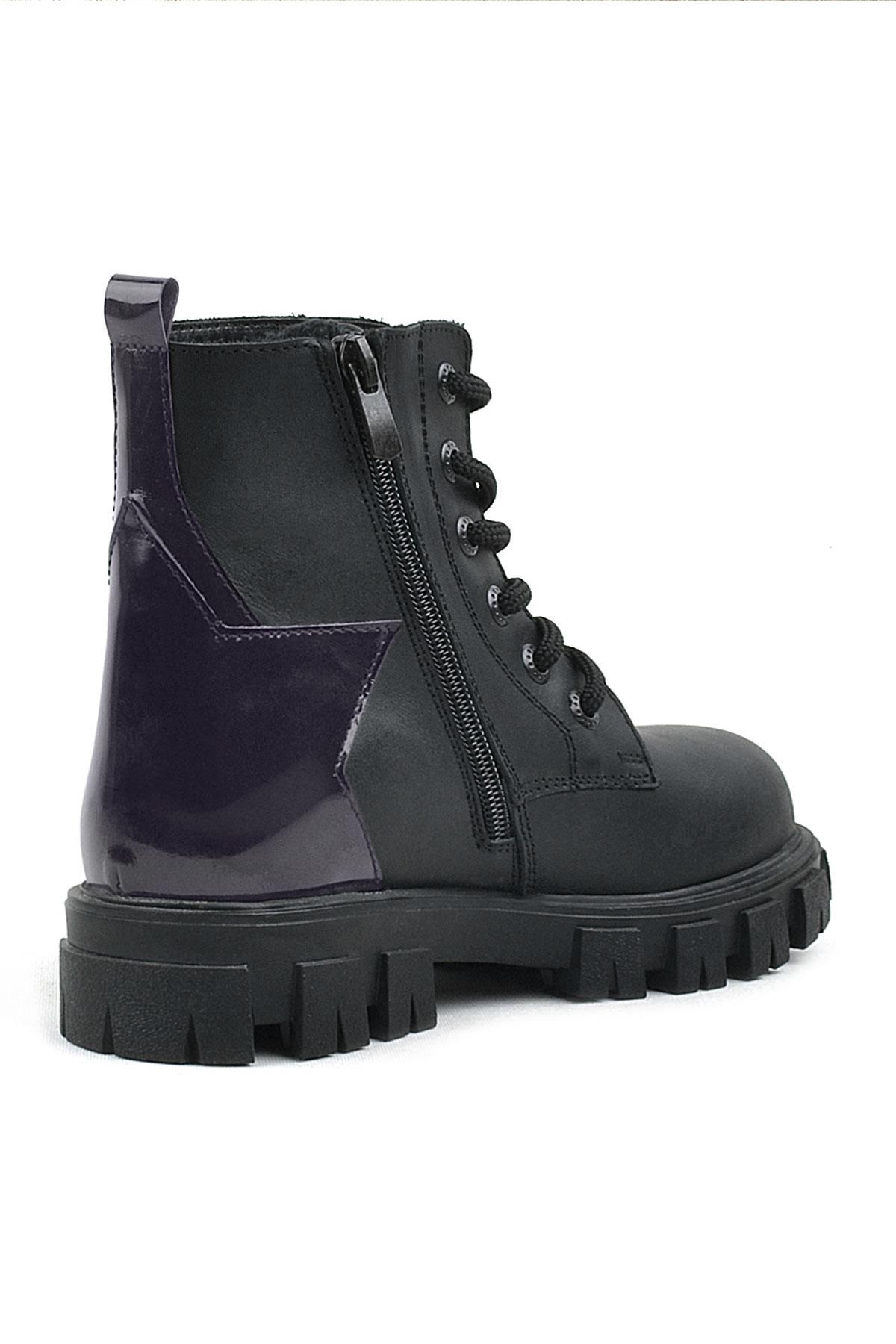 Rakerplus Siyah Hakiki Deri Platin Yıldız Detaylı Kız Çocuk Bot