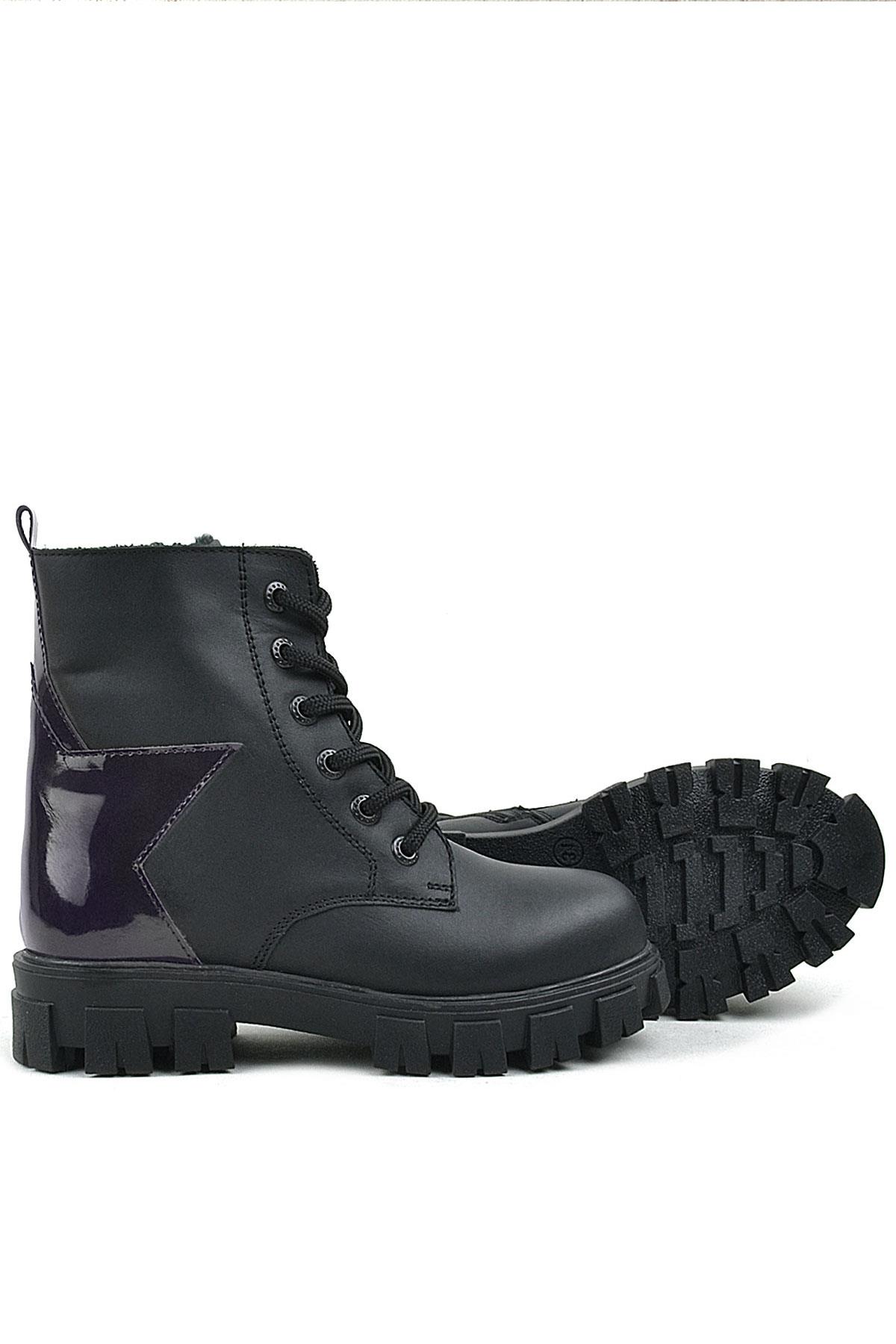 Rakerplus Siyah Hakiki Deri Platin Yıldız Detaylı Kız Çocuk Bot