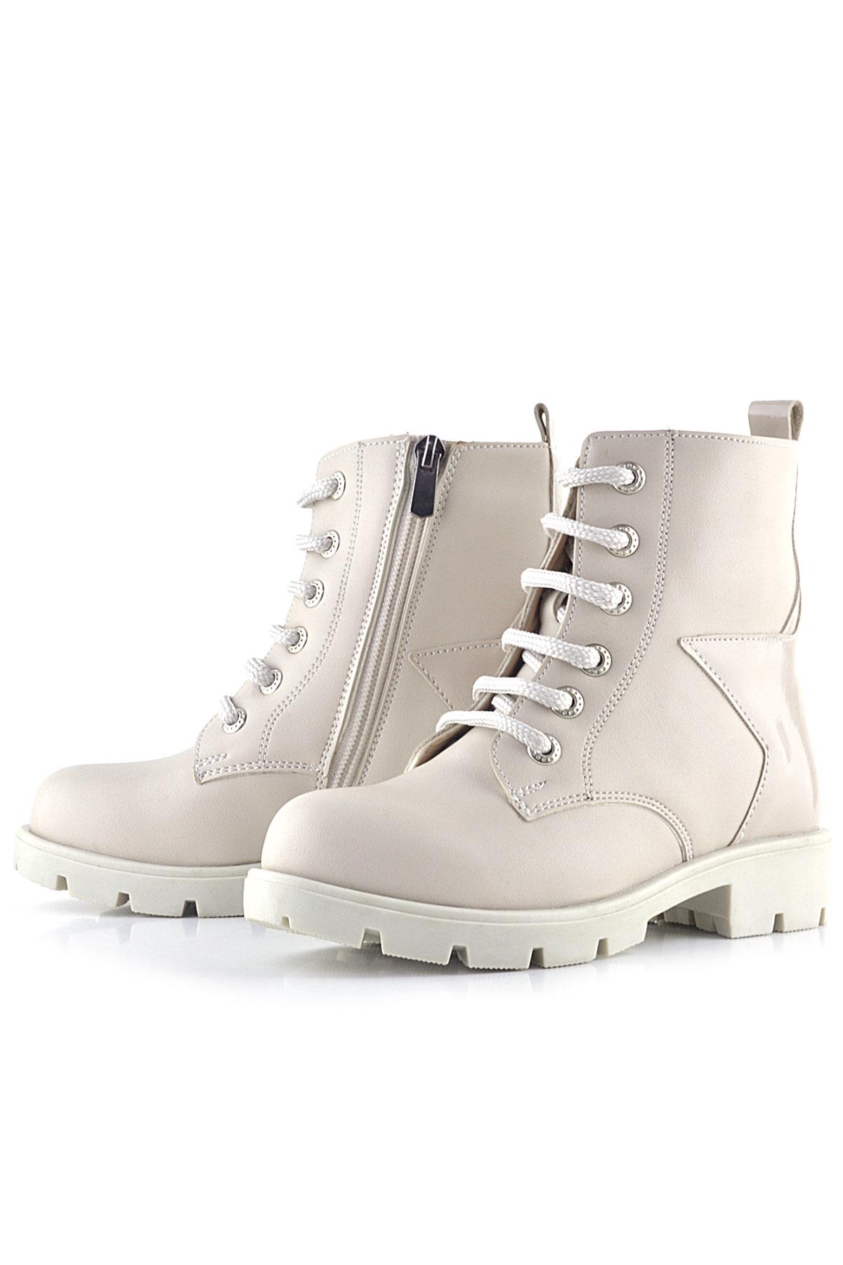 Rakerplus Krem Yıldız Detaylı Bağcıklı Fermuarlı Kız Çocuk Bot