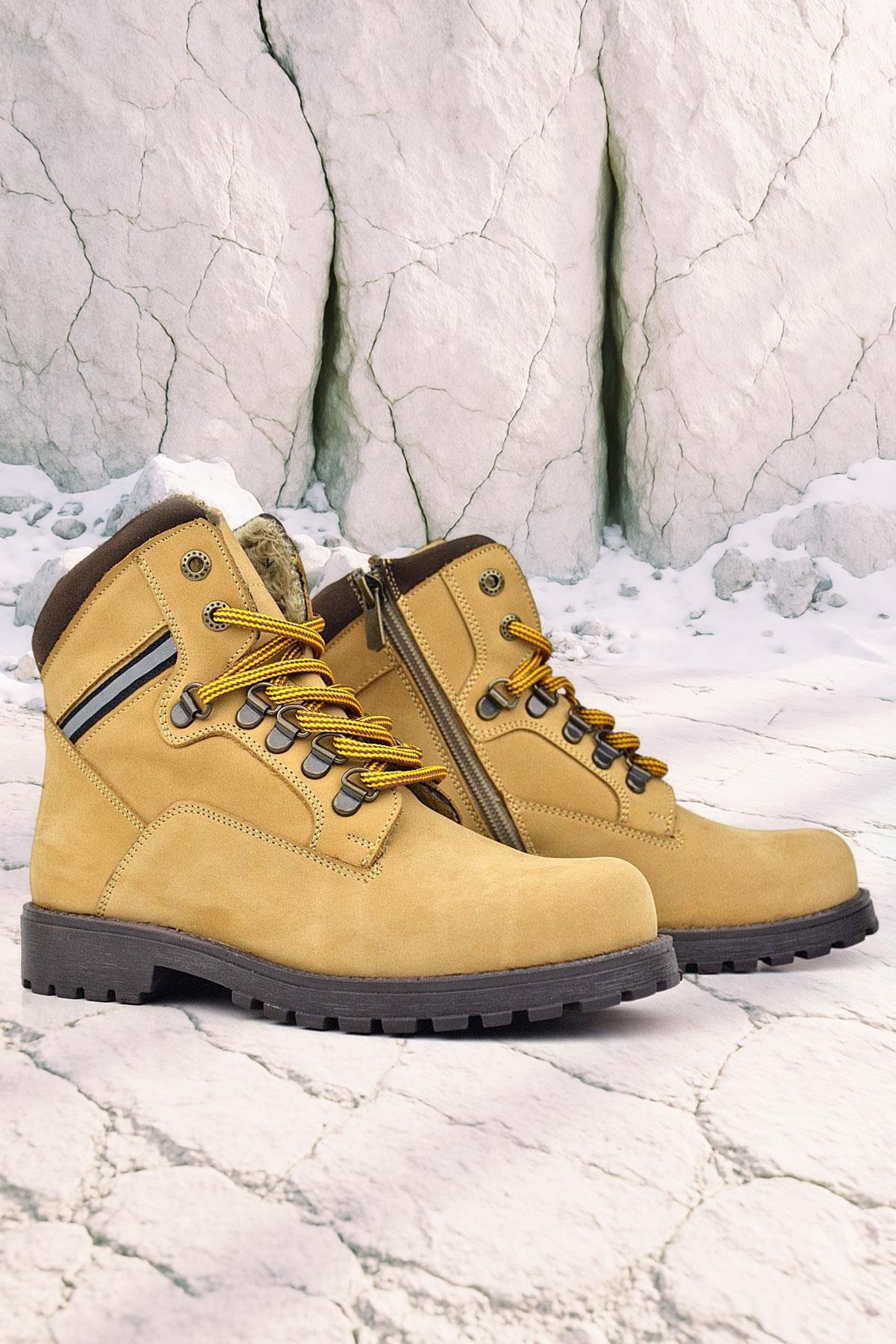 Rakerplus Genuine Leather Yellow Brown Lace Up Zipper Kids Boots