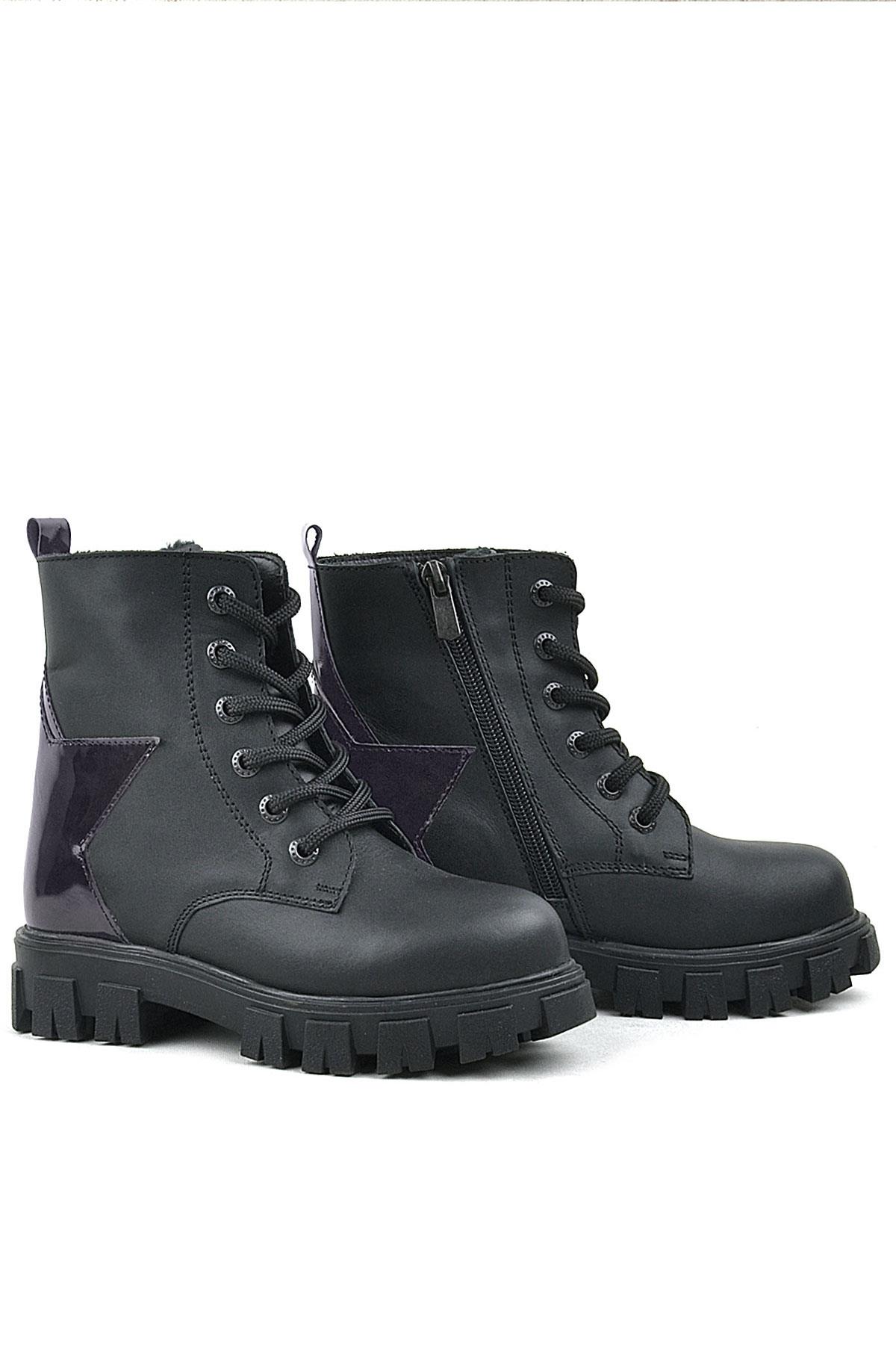 Rakerplus Siyah Hakiki Deri Platin Yıldız Detaylı Kız Çocuk Bot