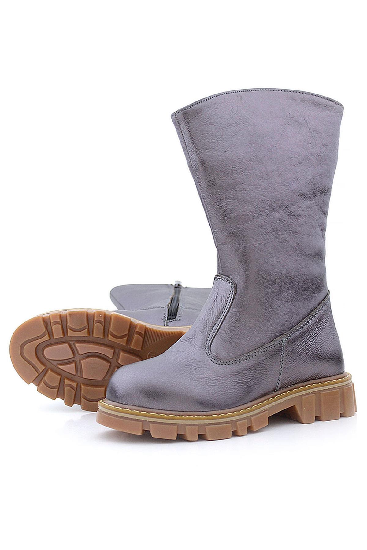 Rakerplus Hakiki Deri Platin Fermuarlı Uzun Kız Çocuk Çizme