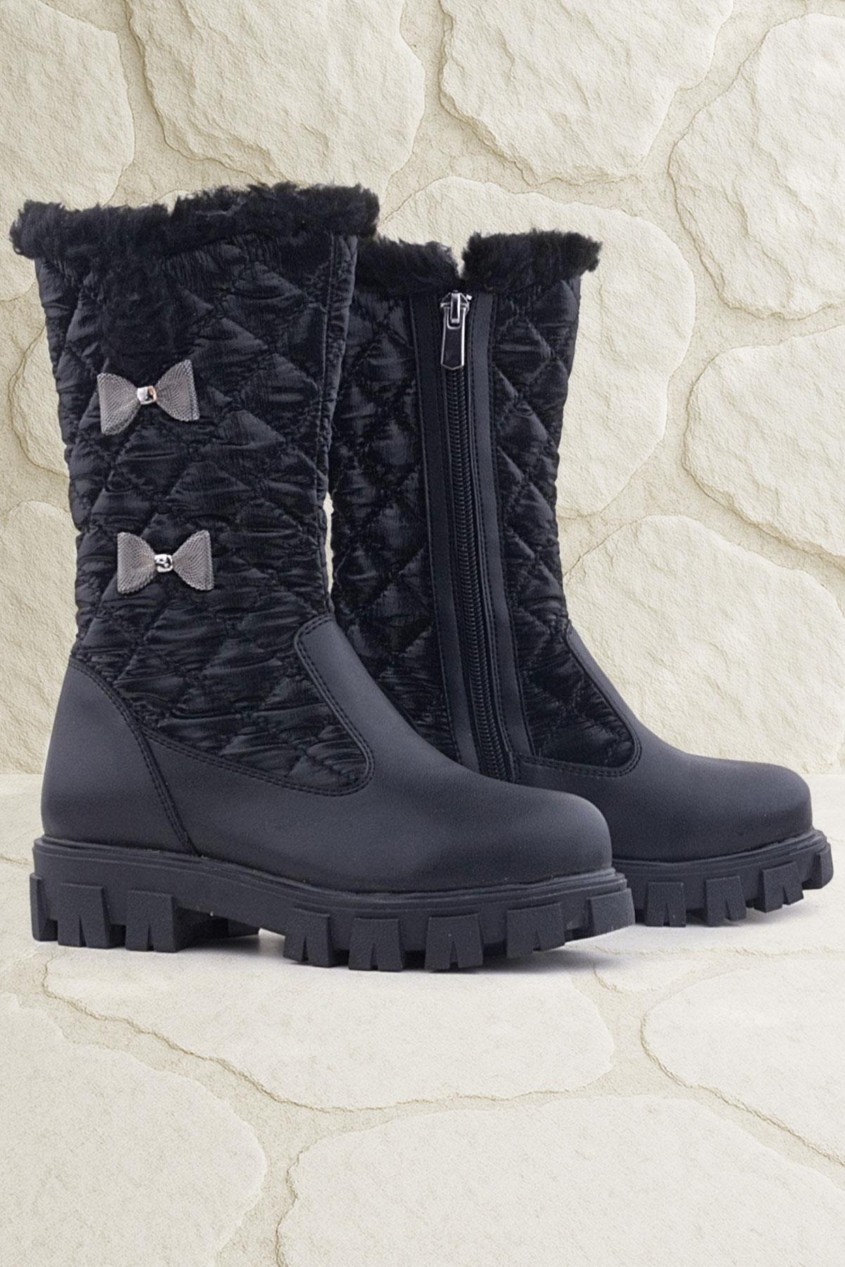 Rakerplus Siyah Uzun Fermuarlı Kurdeleli Kız Çocuk Yağmur Çizmesi