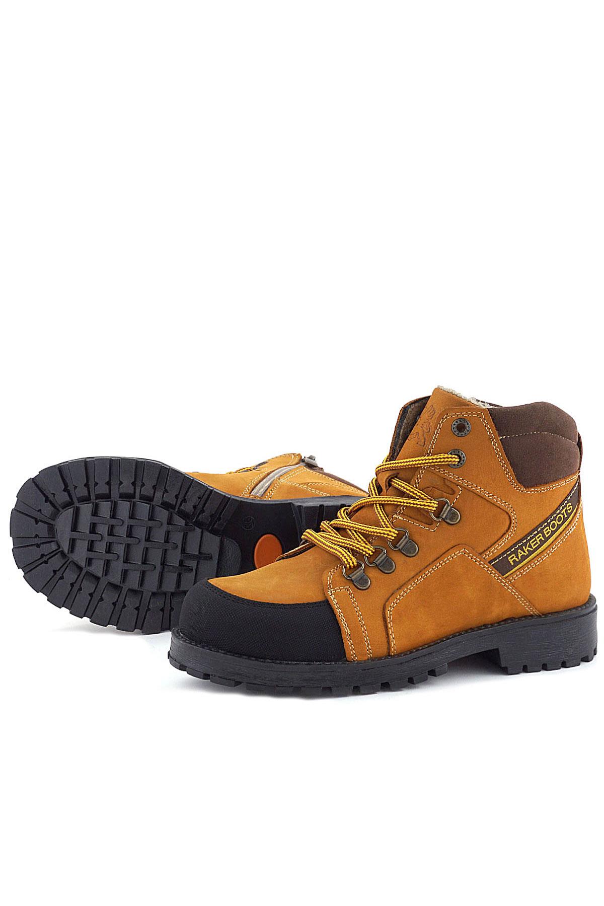 Rakerplus Hakiki Deri Sarı Kahve Bağcıklı Fermuarlı Çocuk Bot