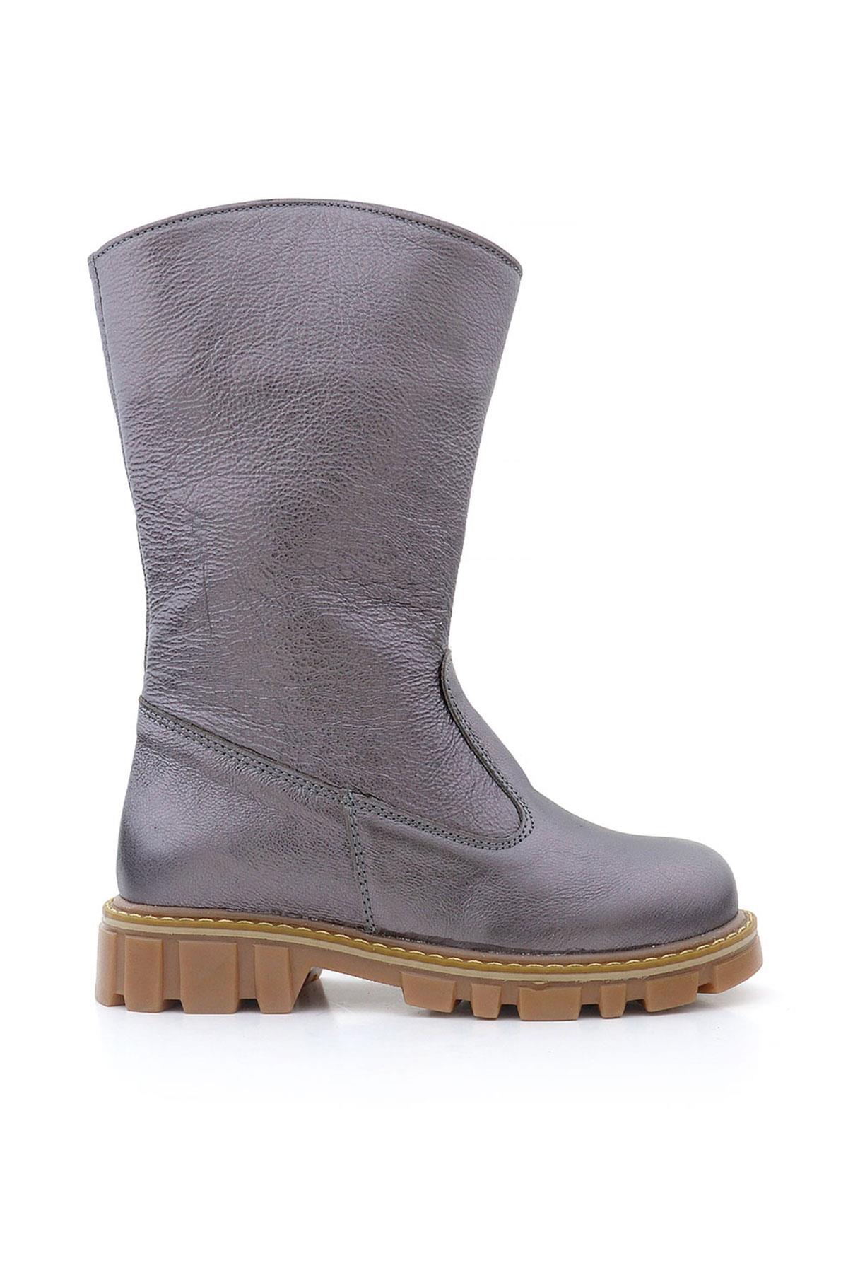 Rakerplus Hakiki Deri Platin Fermuarlı Uzun Kız Çocuk Çizme