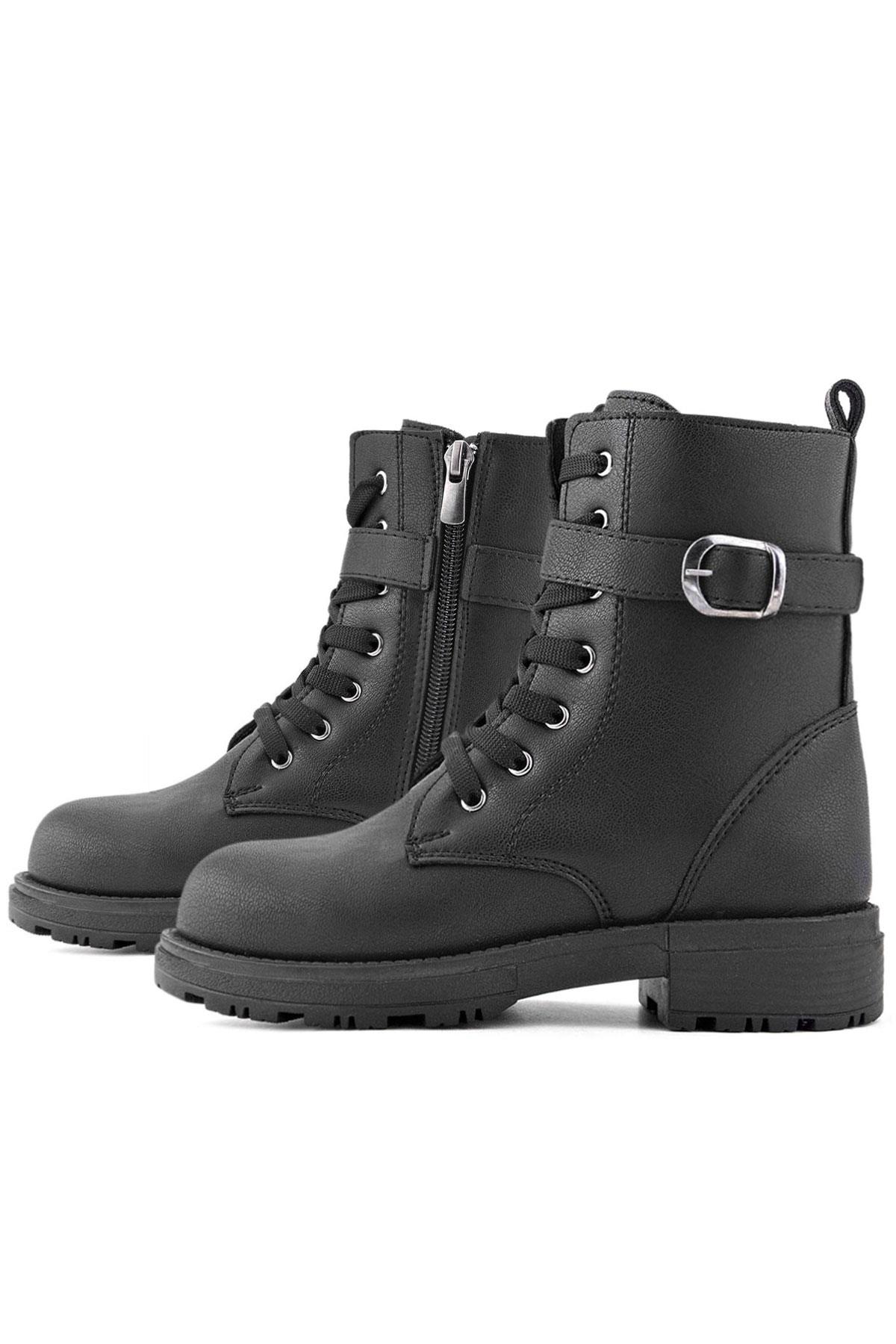 Rakerplus Siyah Fermuarlı Bağcıklı Kışlık Kız Çocuk Bot